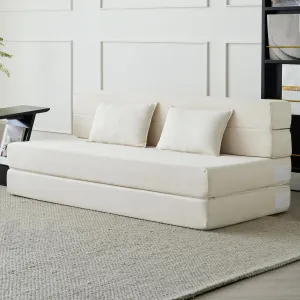 Folding Sofa Bed, 3-in-1 Convertible Sleeper Chair with Pillow, Linen Foldable Mattress Futon, Memory Foam Floor Couch for Living Room/Dorm/Guest Room/Home Office/Bedroom, Queen, Beige