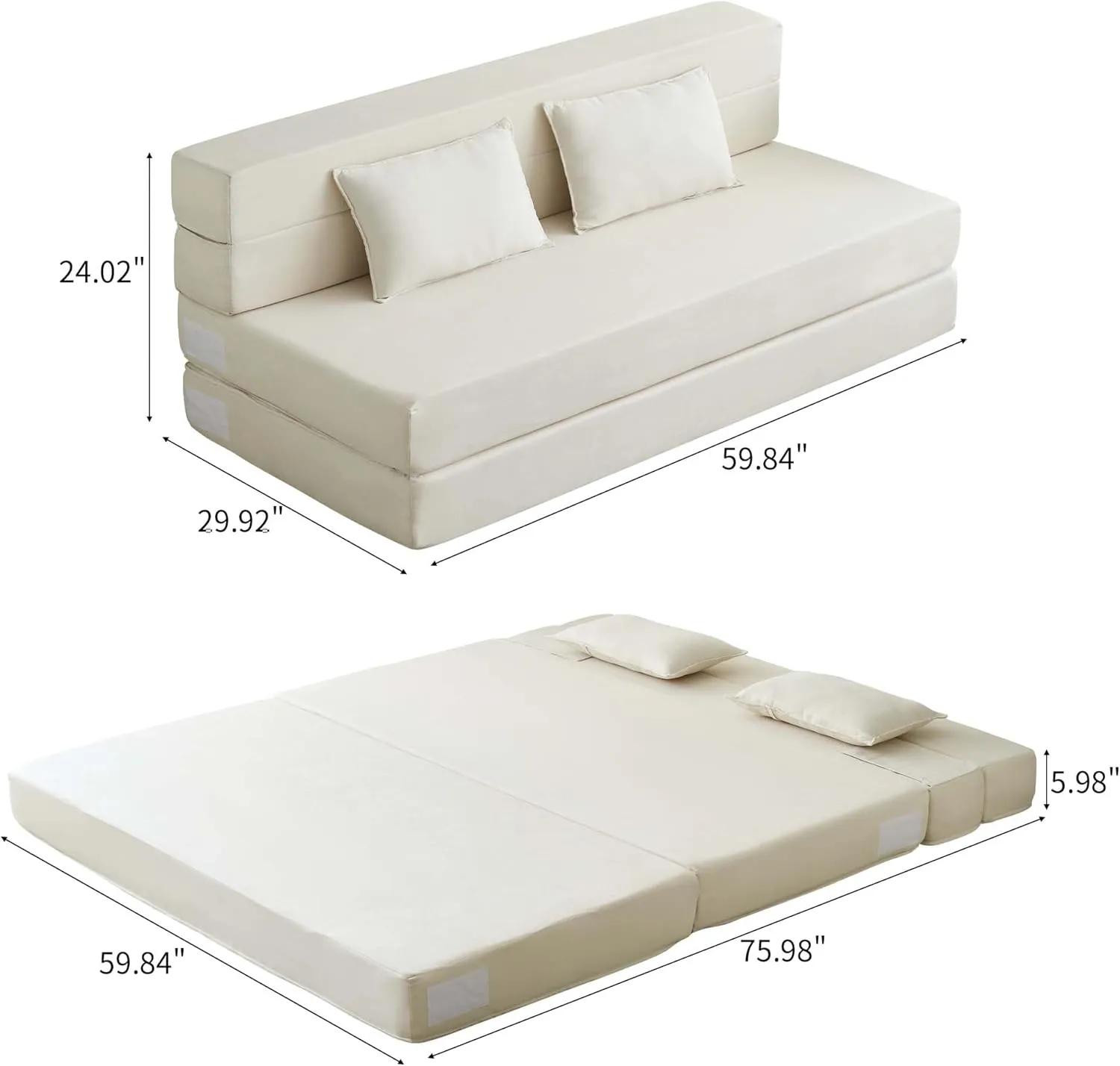 Folding Sofa Bed, 3-in-1 Convertible Sleeper Chair with Pillow, Linen Foldable Mattress Futon, Memory Foam Floor Couch for Living Room/Dorm/Guest Room/Home Office/Bedroom, Queen, Beige