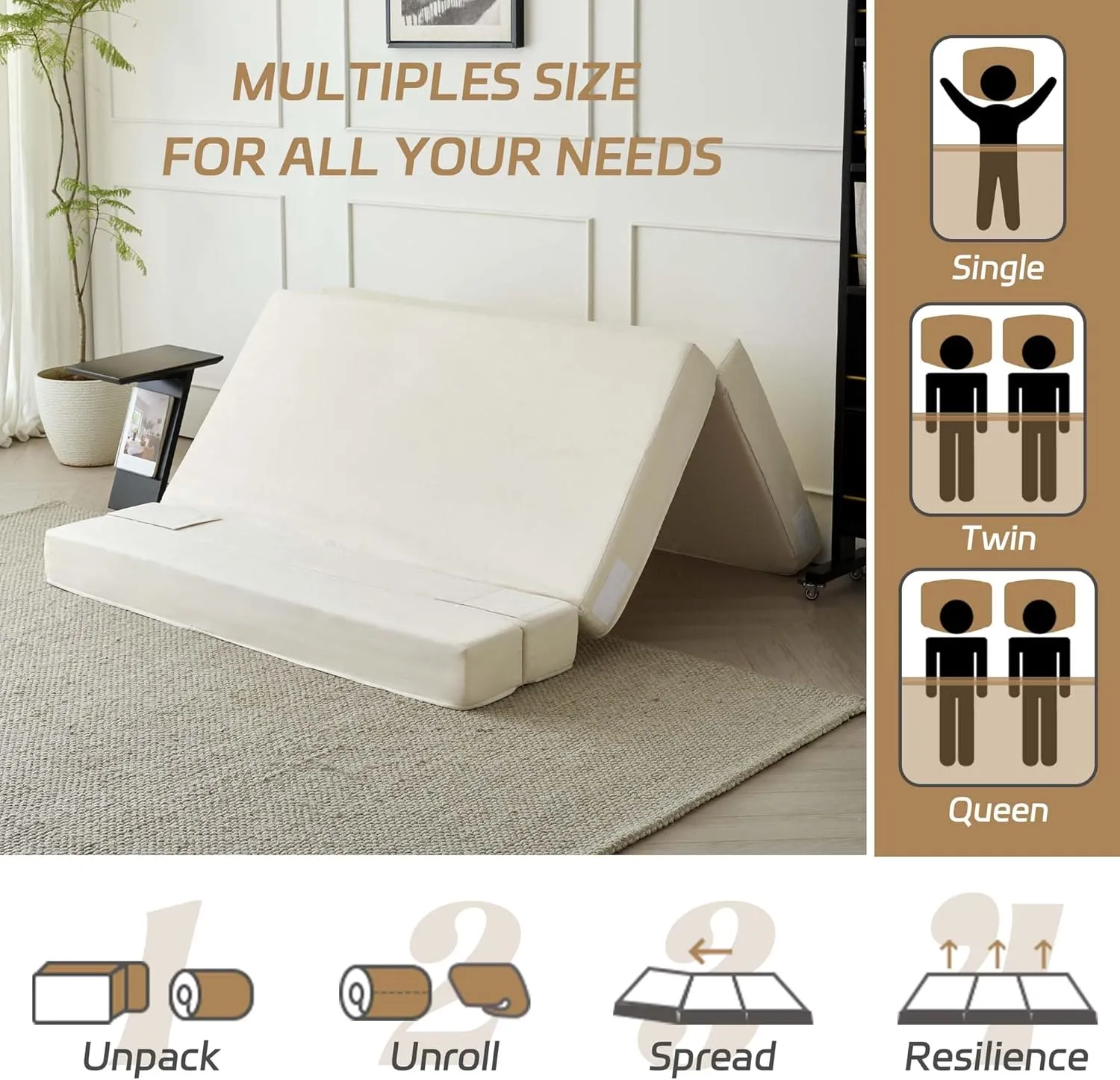 Folding Sofa Bed, 3-in-1 Convertible Sleeper Chair with Pillow, Linen Foldable Mattress Futon, Memory Foam Floor Couch for Living Room/Dorm/Guest Room/Home Office/Bedroom, Queen, Beige