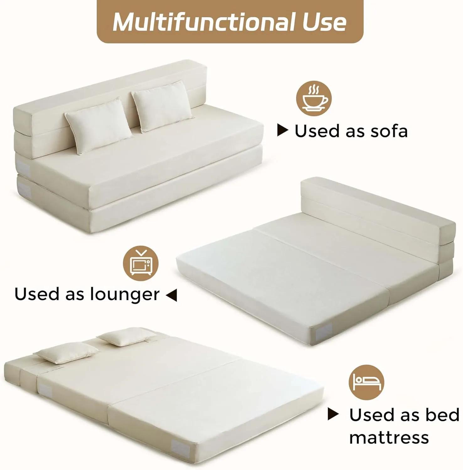 Folding Sofa Bed, 3-in-1 Convertible Sleeper Chair with Pillow, Linen Foldable Mattress Futon, Memory Foam Floor Couch for Living Room/Dorm/Guest Room/Home Office/Bedroom, Queen, Beige