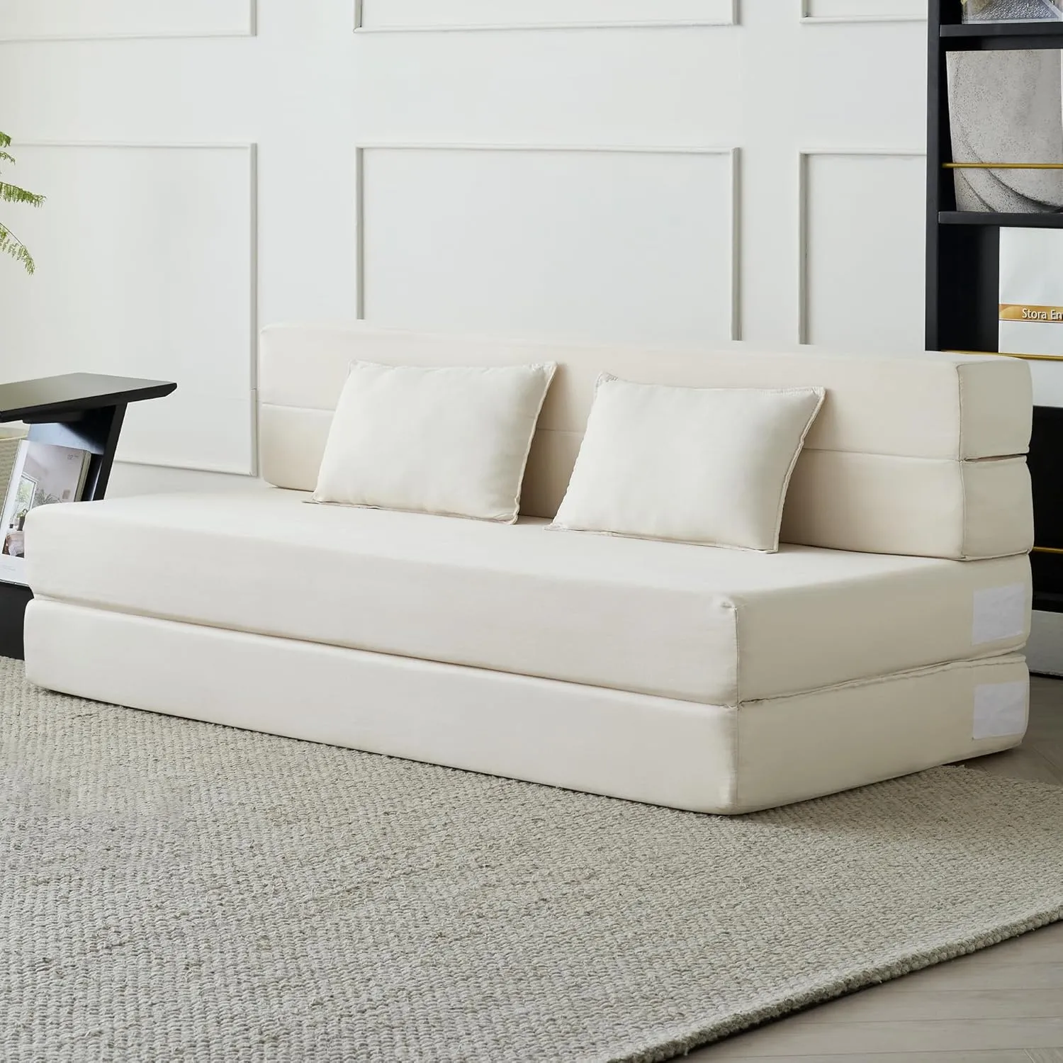 Folding Sofa Bed, 3-in-1 Convertible Sleeper Chair with Pillow, Linen Foldable Mattress Futon, Memory Foam Floor Couch for Living Room/Dorm/Guest Room/Home Office/Bedroom, Queen, Beige
