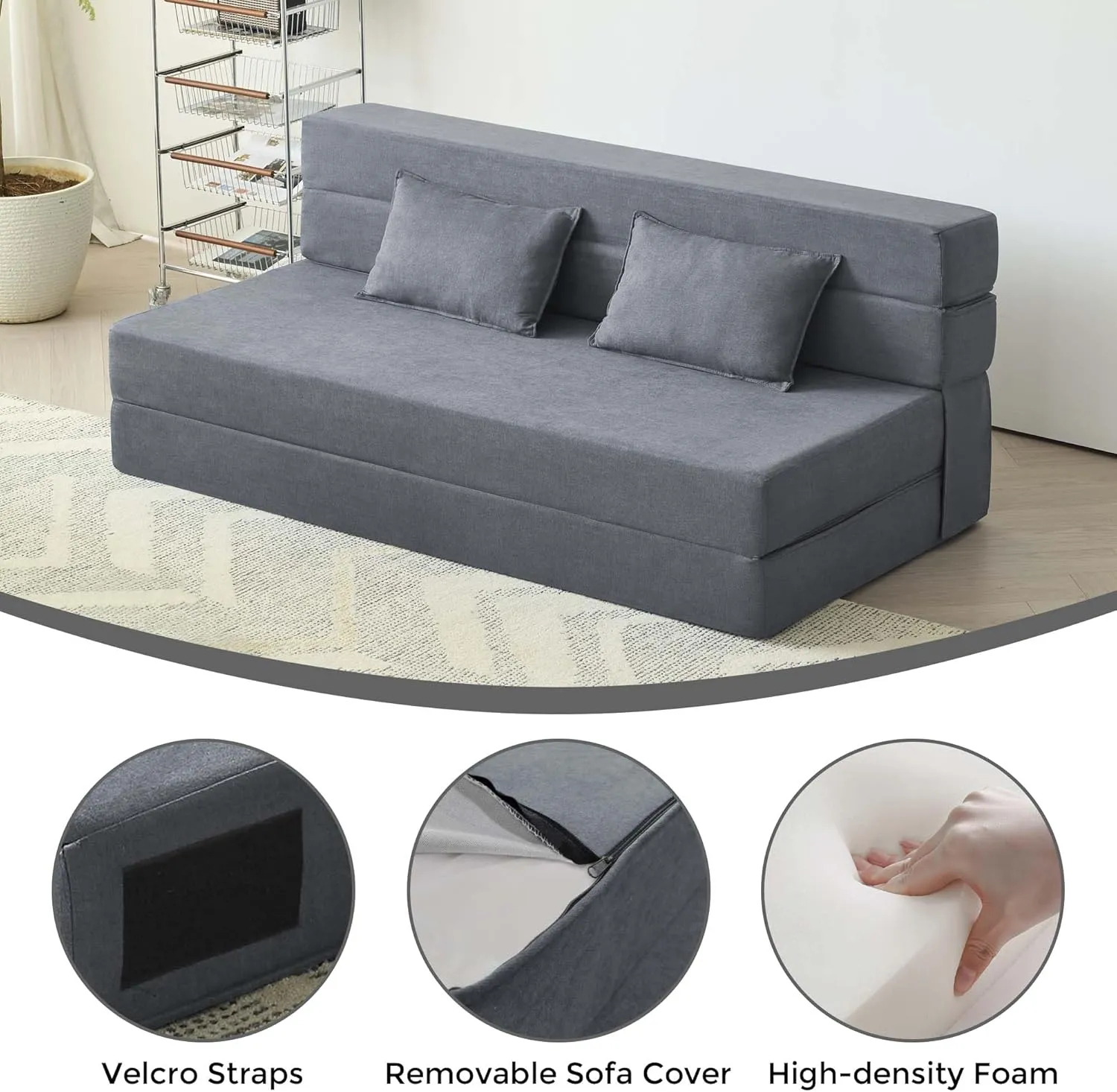 Folding Sofa Bed, 3-in-1 Convertible Sleeper Chair with Pillow, Linen Foldable Mattress Futon, Memory Foam Floor Couch for Living Room/Dorm/Guest Room/Home Office/Bedroom, Queen, Light Gray