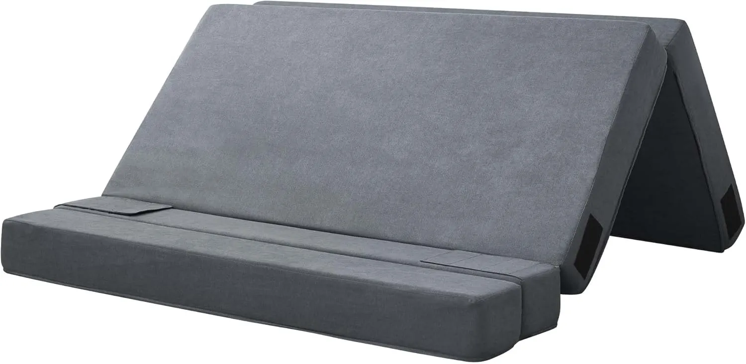 Folding Sofa Bed, 3-in-1 Convertible Sleeper Chair with Pillow, Linen Foldable Mattress Futon, Memory Foam Floor Couch for Living Room/Dorm/Guest Room/Home Office/Bedroom, Queen, Light Gray
