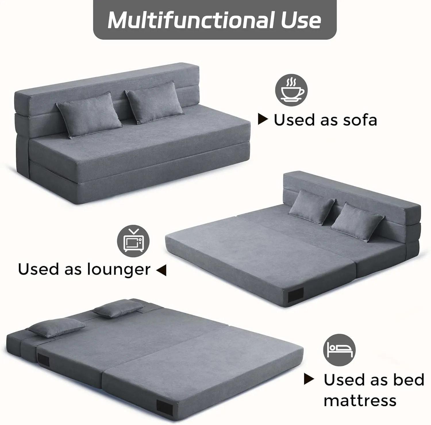 Folding Sofa Bed, 3-in-1 Convertible Sleeper Chair with Pillow, Linen Foldable Mattress Futon, Memory Foam Floor Couch for Living Room/Dorm/Guest Room/Home Office/Bedroom, Queen, Light Gray