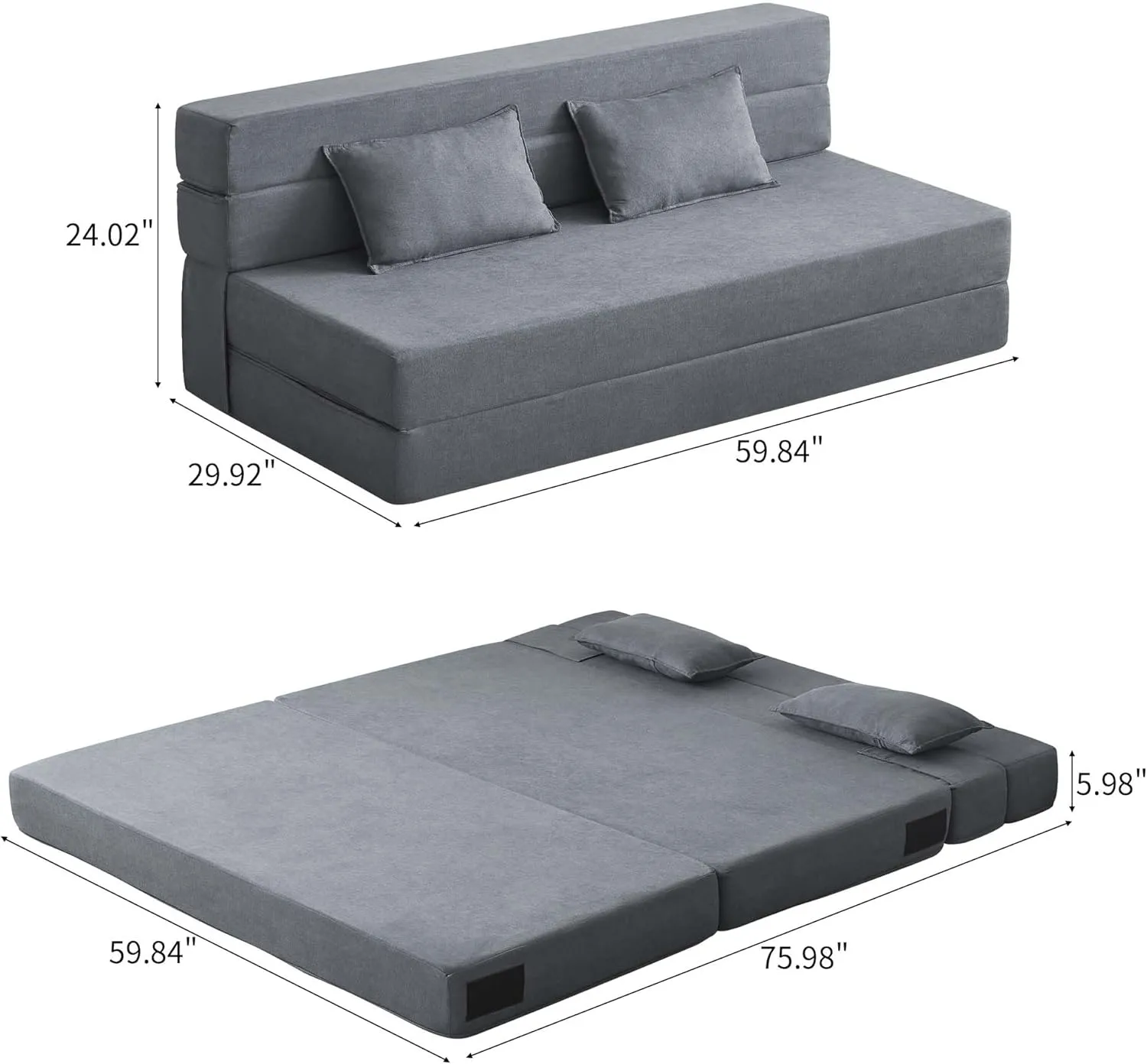 Folding Sofa Bed, 3-in-1 Convertible Sleeper Chair with Pillow, Linen Foldable Mattress Futon, Memory Foam Floor Couch for Living Room/Dorm/Guest Room/Home Office/Bedroom, Queen, Light Gray