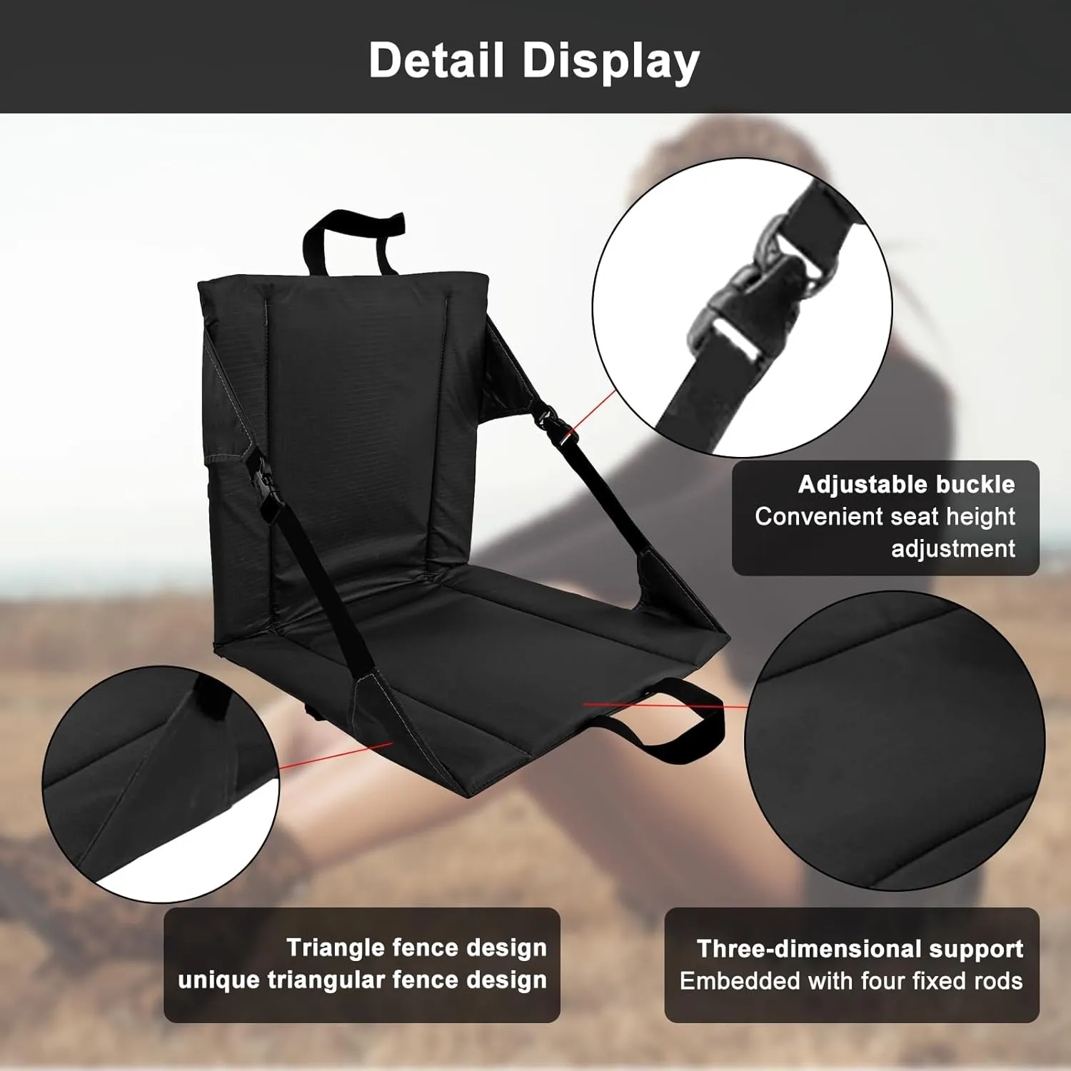 Folding Stadium Seat Cushion with Backrest, Portable Bleacher Pad for Camping, Fishing,15.8'' x 16.5'',Lightweight Chair with Backrest for Outdoor Sports and Concerts (Black)