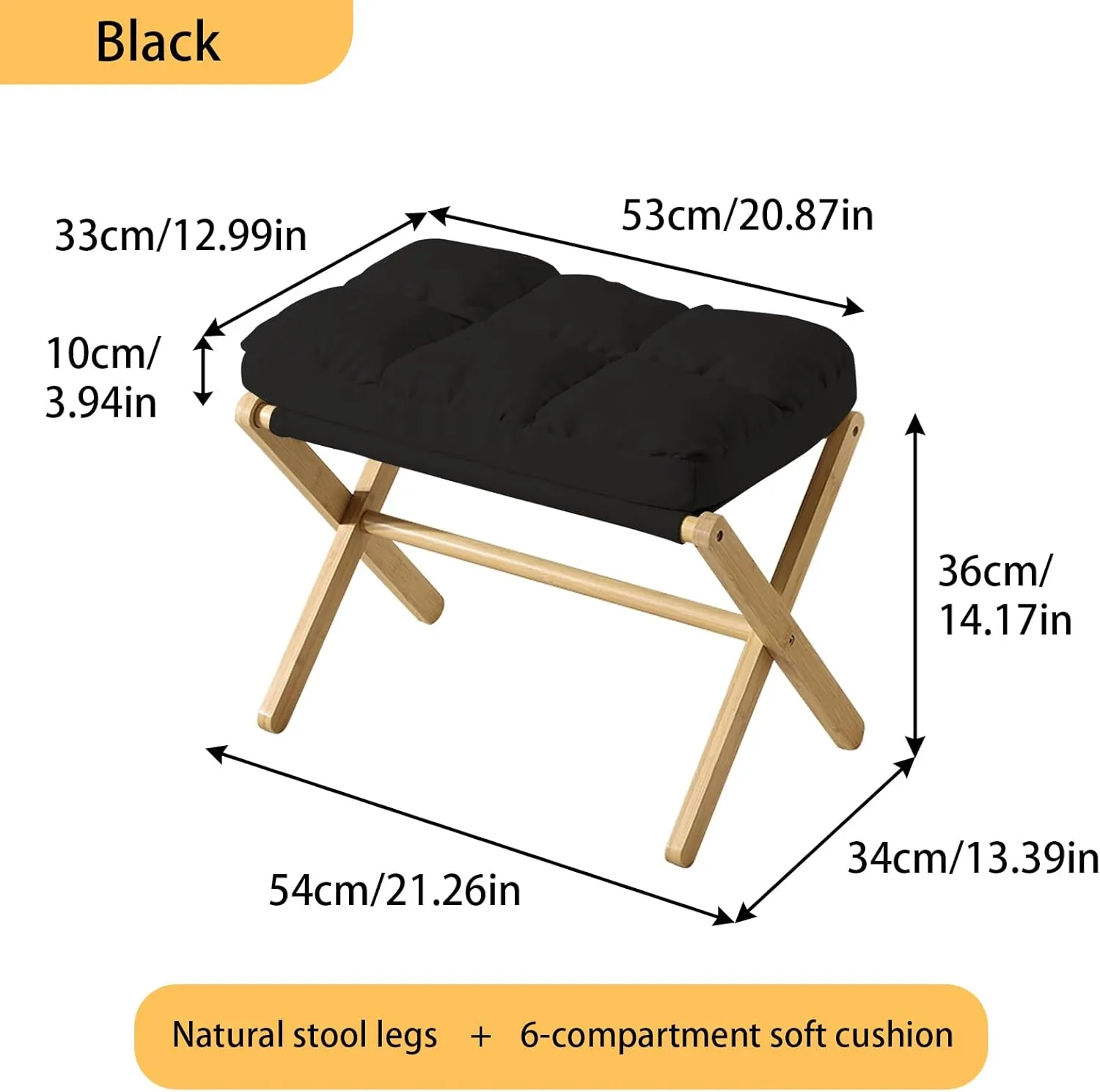 Folding Upholstered Footrest Stool, Small Accent Ottoman with Thick Cotton Cushion & Bamboo X Legs, Modern Padded Sofa Stool for Makeup Bedroom Living Room (Black)