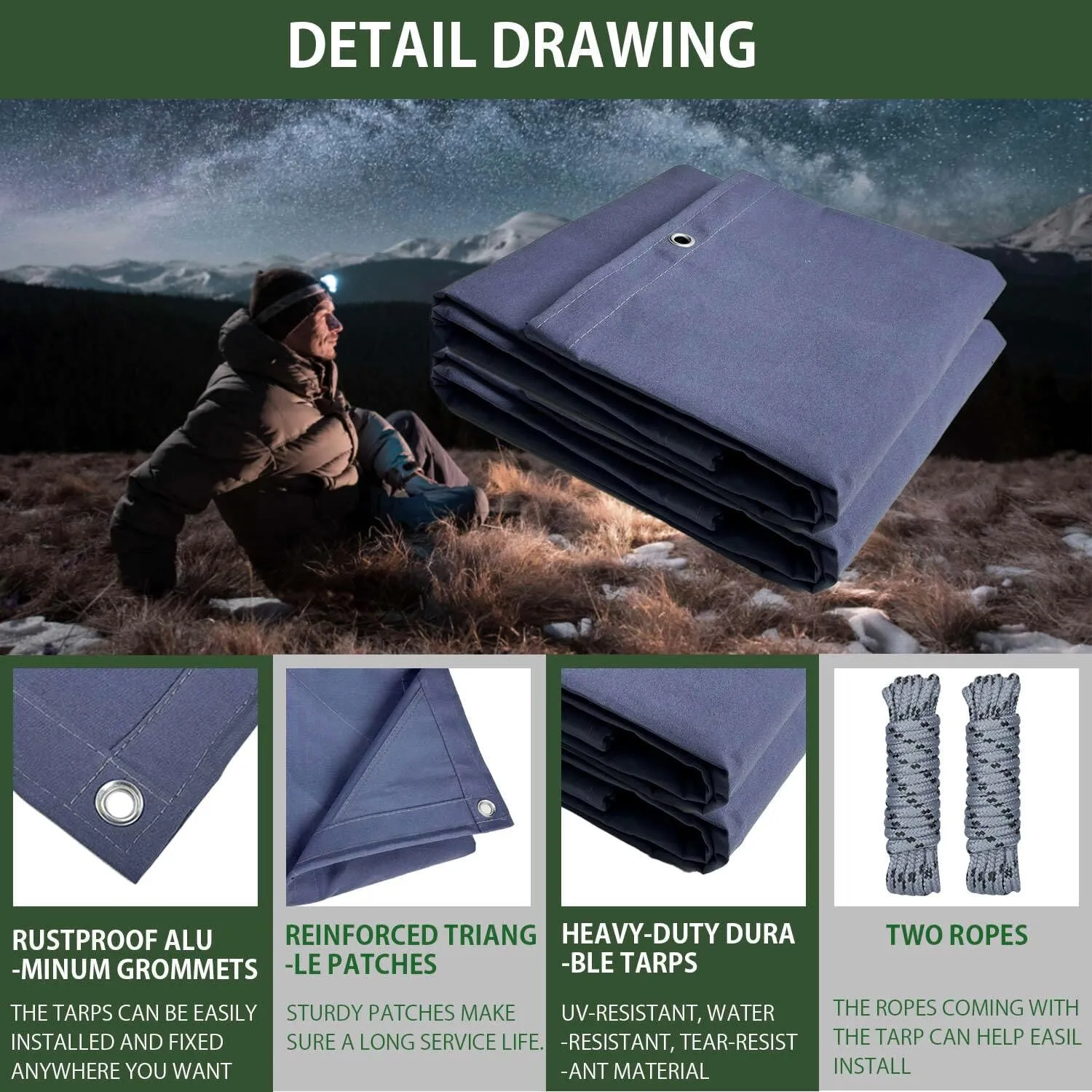 FoundGo Canvas Tarp 10x20ft Heavy Duty Waterresistant Tarps with Grommets, UV Resistant, 22 Mil Tarpaulin,14 oz Durable Cloth Covers for Car, Roof, Boat, Camp, Canopy, Woodpile with Ropes-Blue