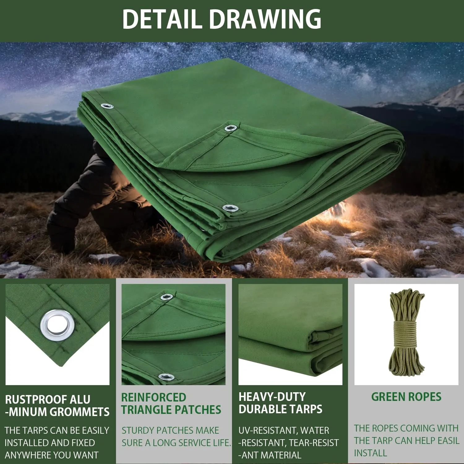 FoundGo Canvas Tarp 12x16ft Heavy Duty Waterresistant Tarps with Grommets, UV Resistant, 22 Mil Tarpaulin,14 oz Durable Cloth Covers for Car, Roof, Boat, Camp, Canopy, Woodpile with Ropes-Green
