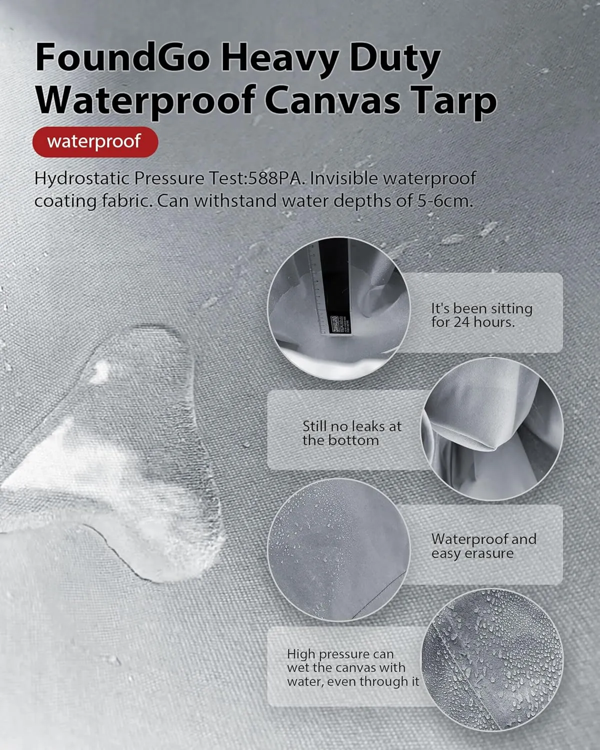 FoundGo Canvas Tarp 8x10ft Heavy Duty Waterproof Tarps with Grommets, UV Resistant, 22 Mil Tarpaulin,14 oz Durable Cloth Covers for Car, Roof, Boat, Camp, Canopy, Woodpile with Ropes-Grey