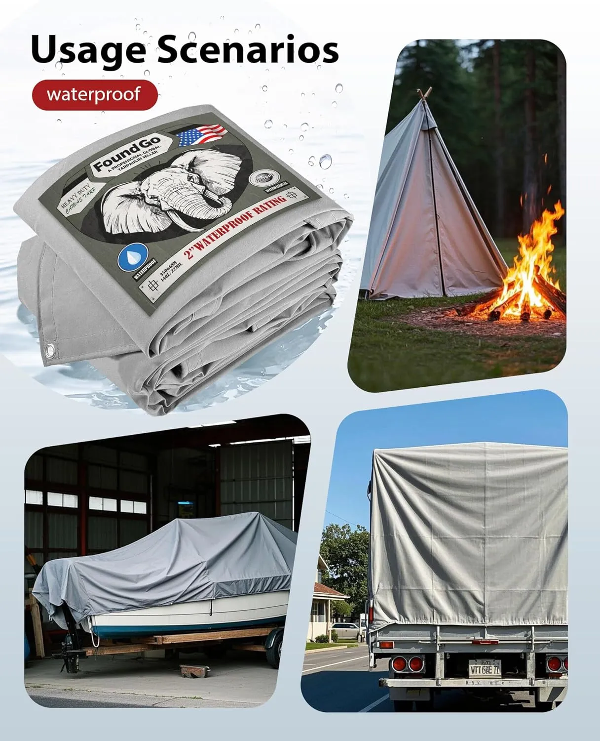 FoundGo Canvas Tarp 8x10ft Heavy Duty Waterproof Tarps with Grommets, UV Resistant, 22 Mil Tarpaulin,14 oz Durable Cloth Covers for Car, Roof, Boat, Camp, Canopy, Woodpile with Ropes-Grey