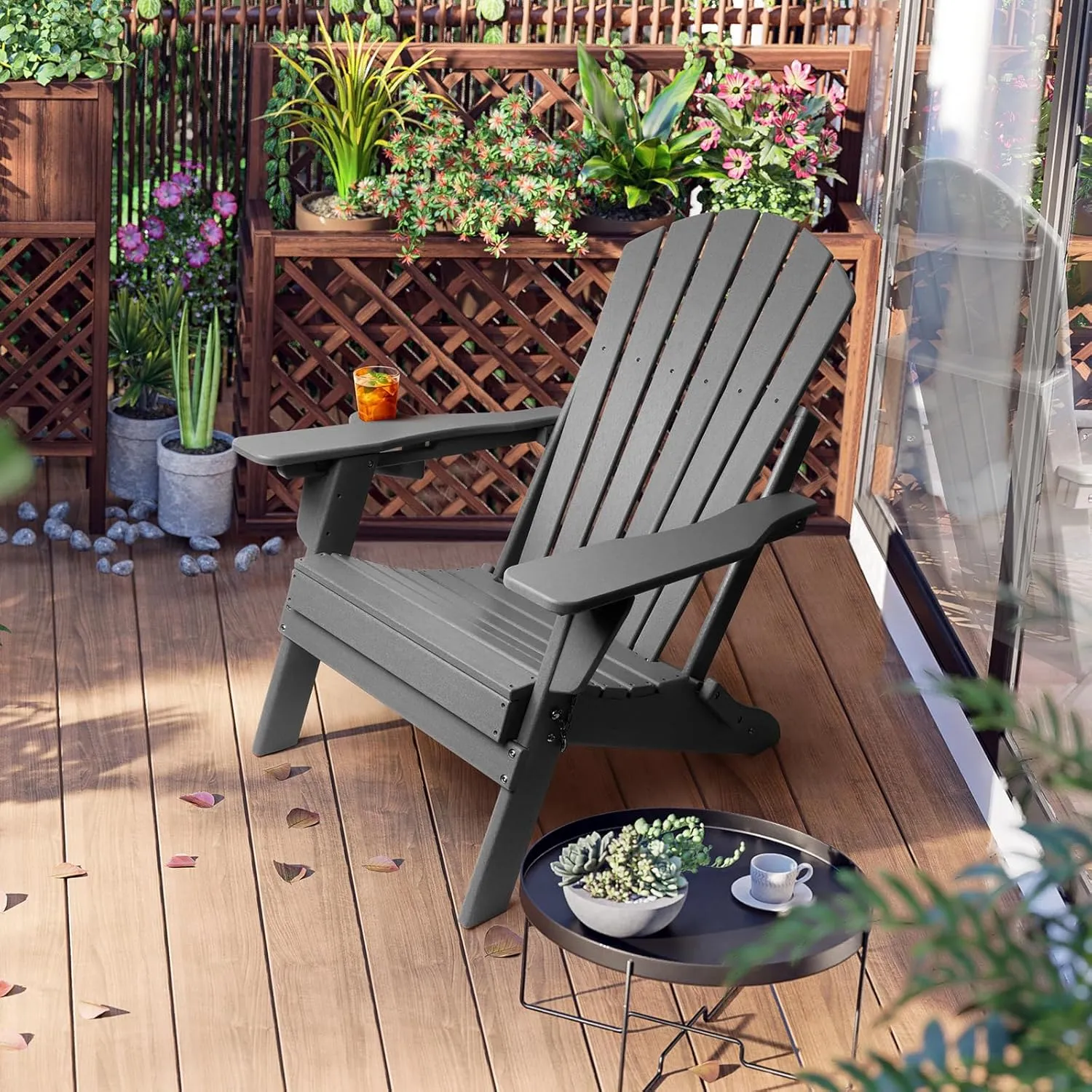 FUNBERRY Folding Adirondack Chair with Adjustable Backrest, HDPE All Weather Fire Pit Chairs with Cup Holder