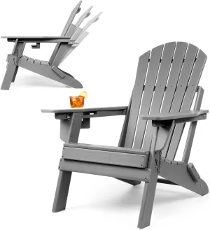 FUNBERRY Folding Adirondack Chair with Adjustable Backrest, HDPE All Weather Fire Pit Chairs with Cup Holder