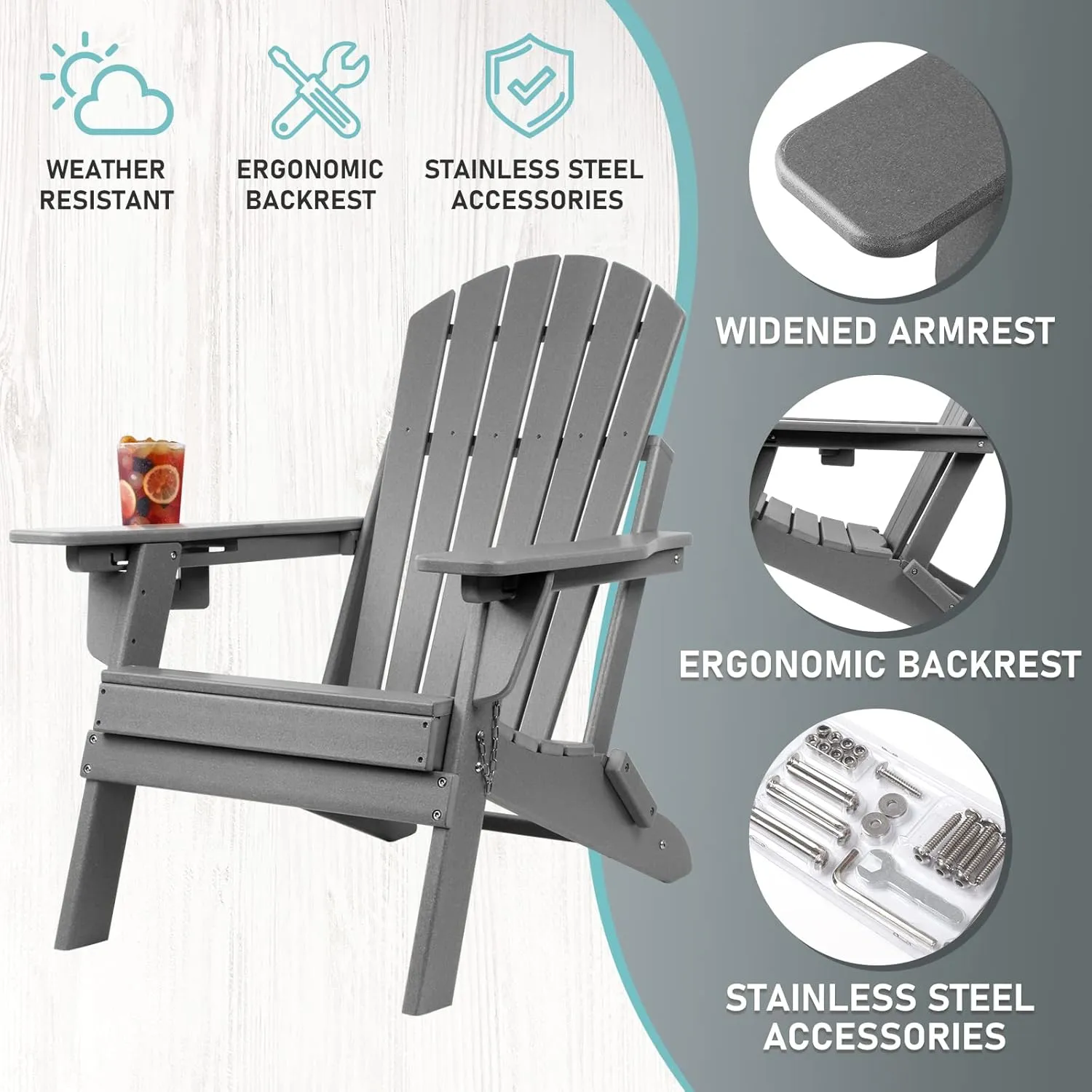 FUNBERRY Folding Adirondack Chair with Adjustable Backrest, HDPE All Weather Fire Pit Chairs with Cup Holder