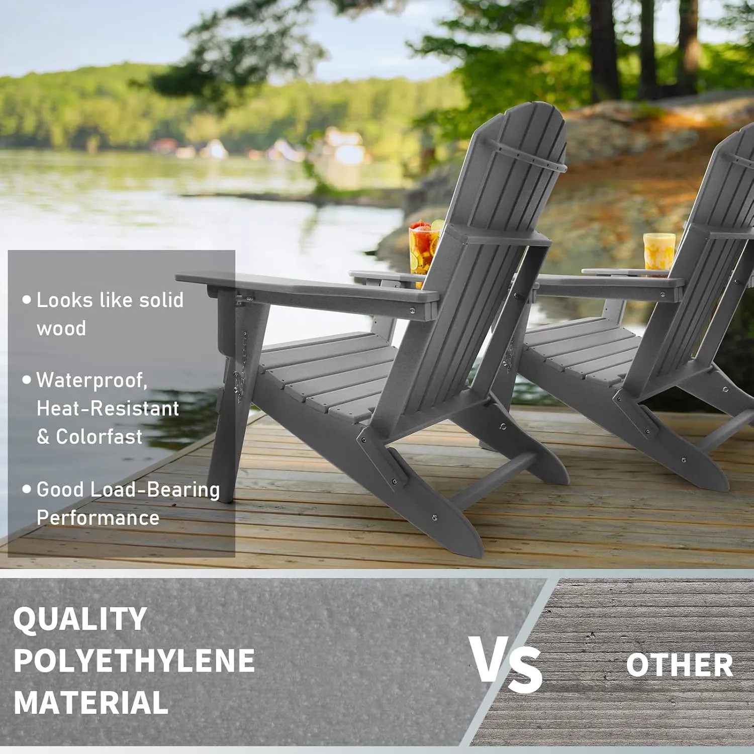 FUNBERRY Folding Adirondack Chair with Adjustable Backrest, HDPE All Weather Fire Pit Chairs with Cup Holder
