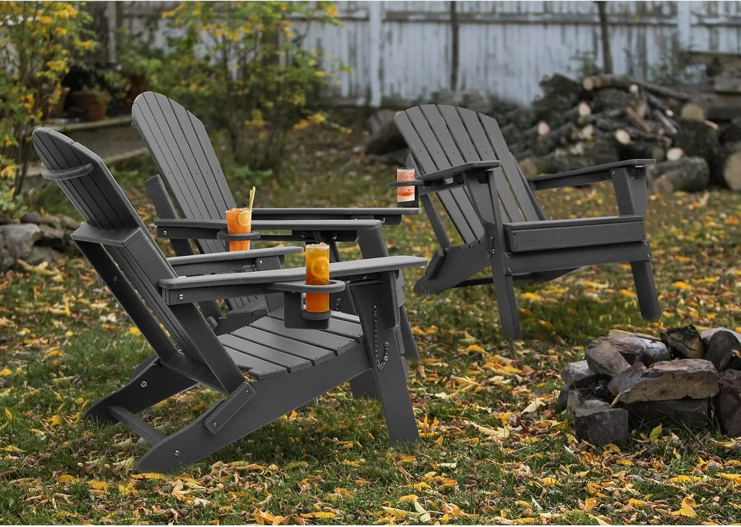 FUNBERRY Folding Adirondack Chair with Adjustable Backrest, HDPE All Weather Fire Pit Chairs with Cup Holder