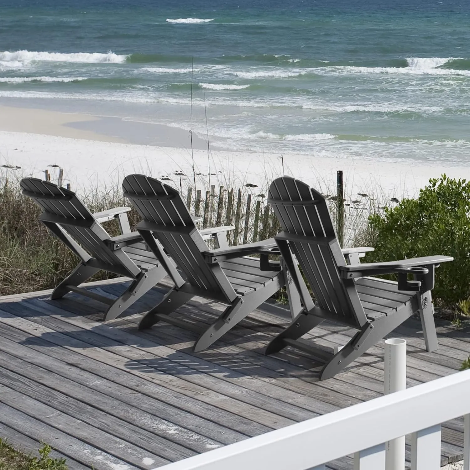 FUNBERRY Folding Adirondack Chair with Adjustable Backrest, HDPE All Weather Fire Pit Chairs with Cup Holder