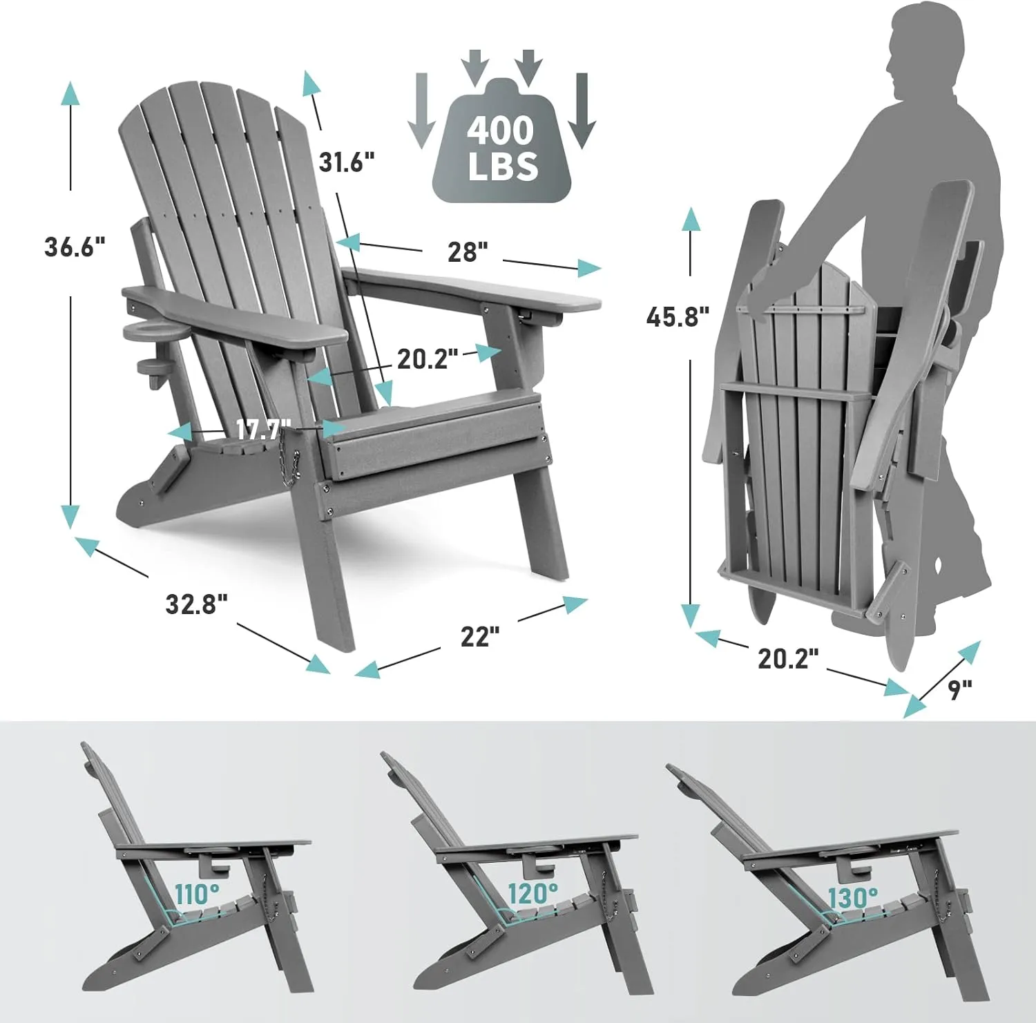 FUNBERRY Folding Adirondack Chair with Adjustable Backrest, HDPE All Weather Fire Pit Chairs with Cup Holder