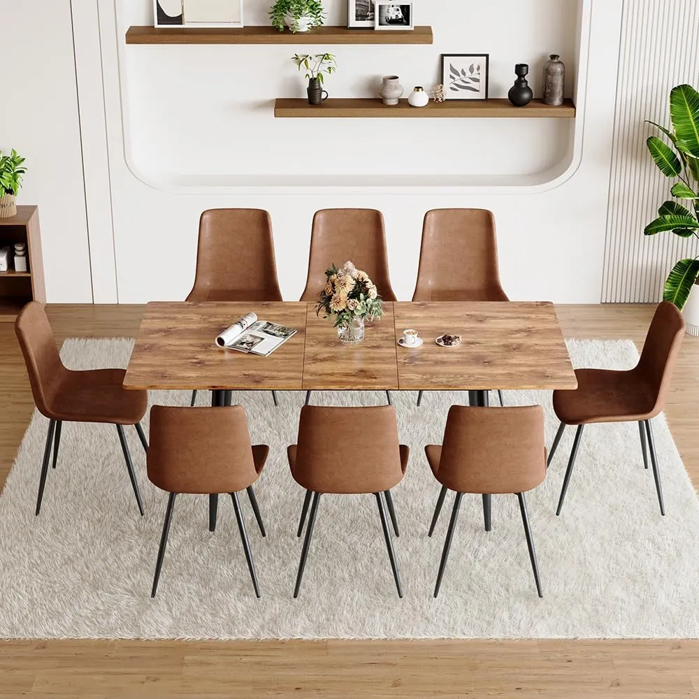 FURNITO Dining Table Set for 8, 59"-75" Extendable Dining Room Table Set with 8 Upholstered Chairs, Wood Kitchen Table Chairs Set for Living Room, Apartment, Easy to Assemble