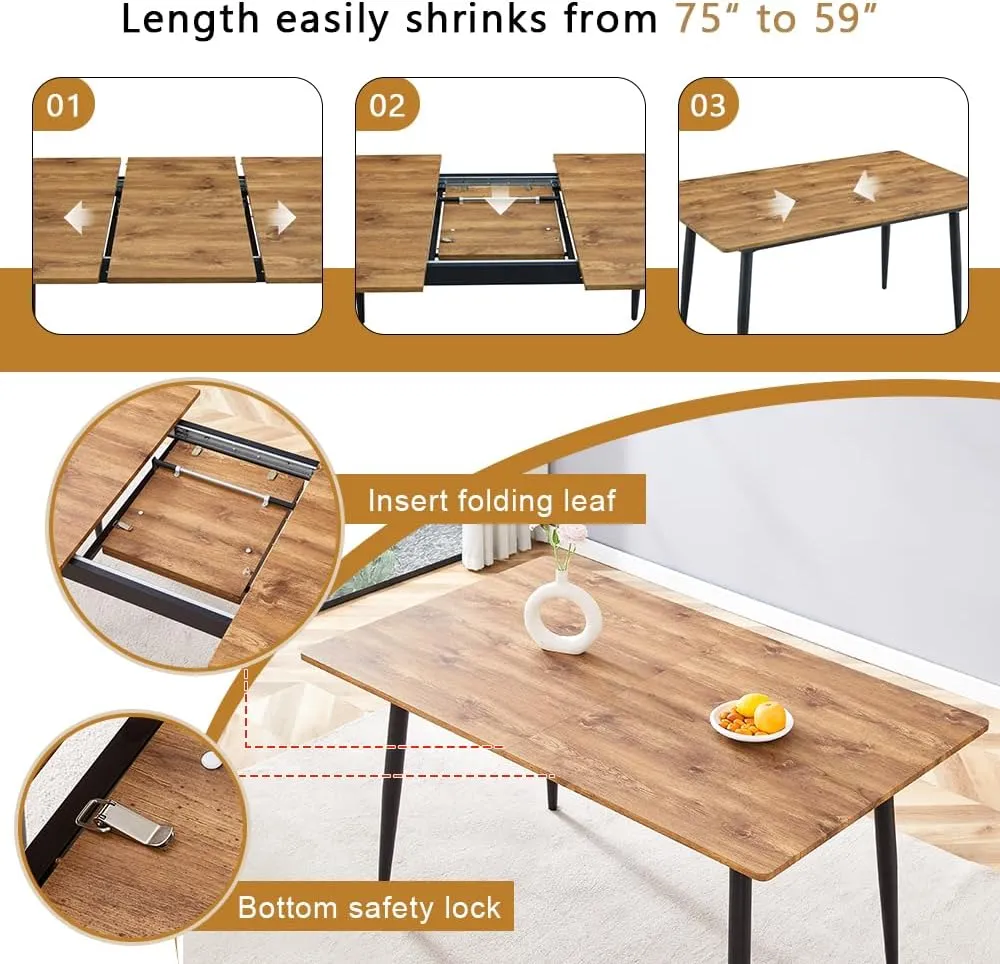 FURNITO Dining Table Set for 8, 59"-75" Extendable Dining Room Table Set with 8 Upholstered Chairs, Wood Kitchen Table Chairs Set for Living Room, Apartment, Easy to Assemble