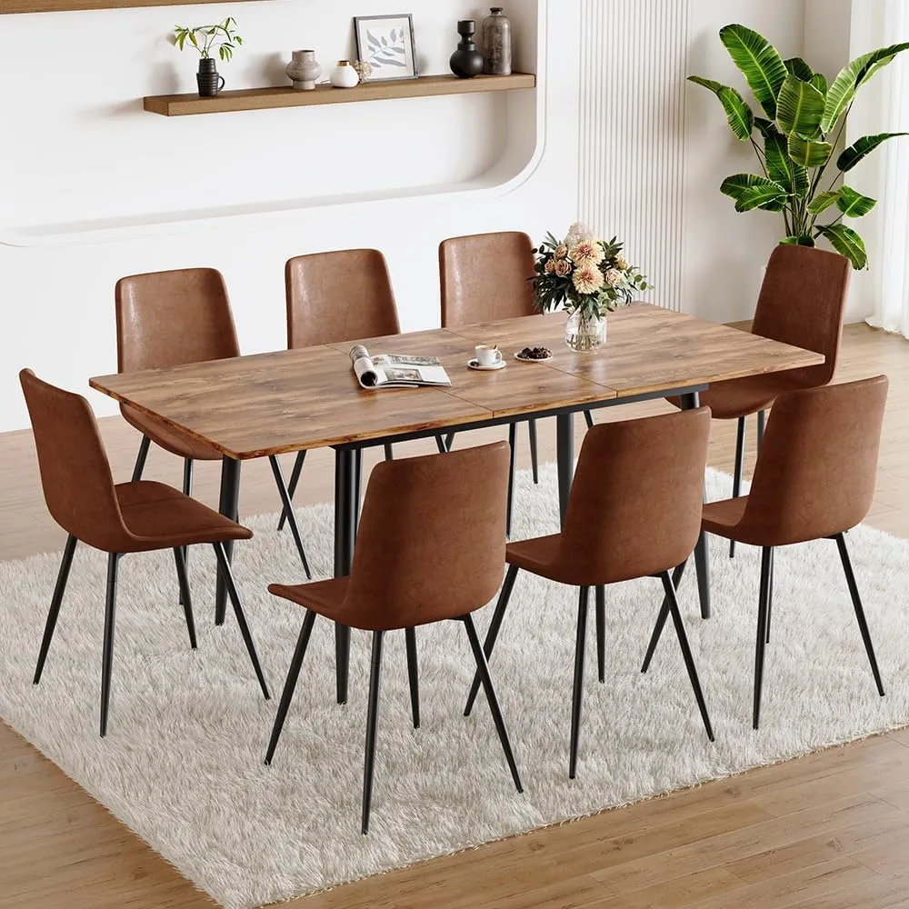 FURNITO Dining Table Set for 8, 59"-75" Extendable Dining Room Table Set with 8 Upholstered Chairs, Wood Kitchen Table Chairs Set for Living Room, Apartment, Easy to Assemble