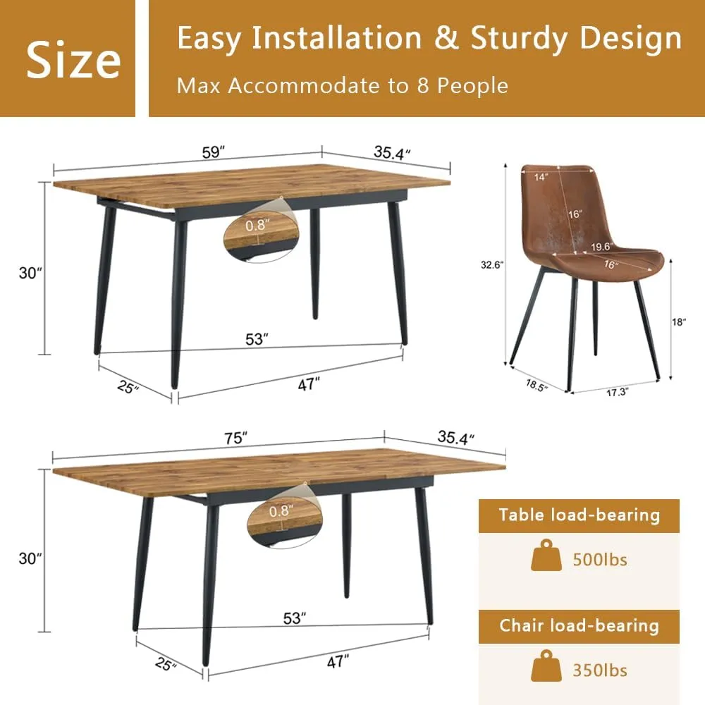FURNITO Dining Table Set for 8, 59"-75" Extendable Dining Room Table Set with 8 Upholstered Chairs, Wood Kitchen Table Chairs Set for Living Room, Apartment, Easy to Assemble