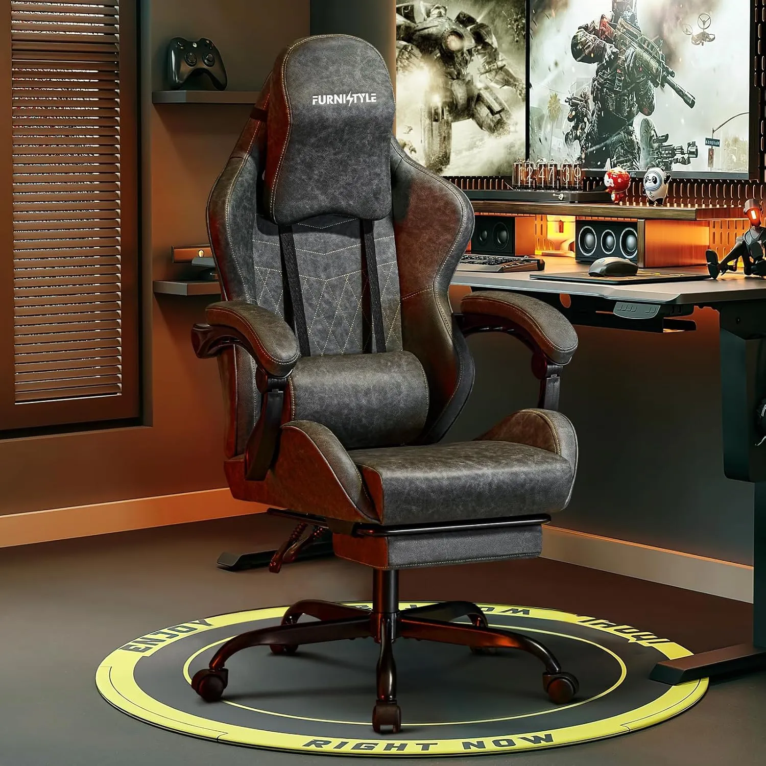 Gaming Chair Video Game Chairs with Large Headrest, Linkage Armrests, Retro PU Leather Ergonomic Computer Chair for Gaming or Office, Grey