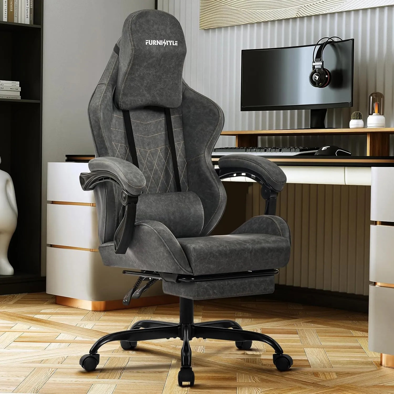 Gaming Chair Video Game Chairs with Large Headrest, Linkage Armrests, Retro PU Leather Ergonomic Computer Chair for Gaming or Office, Grey