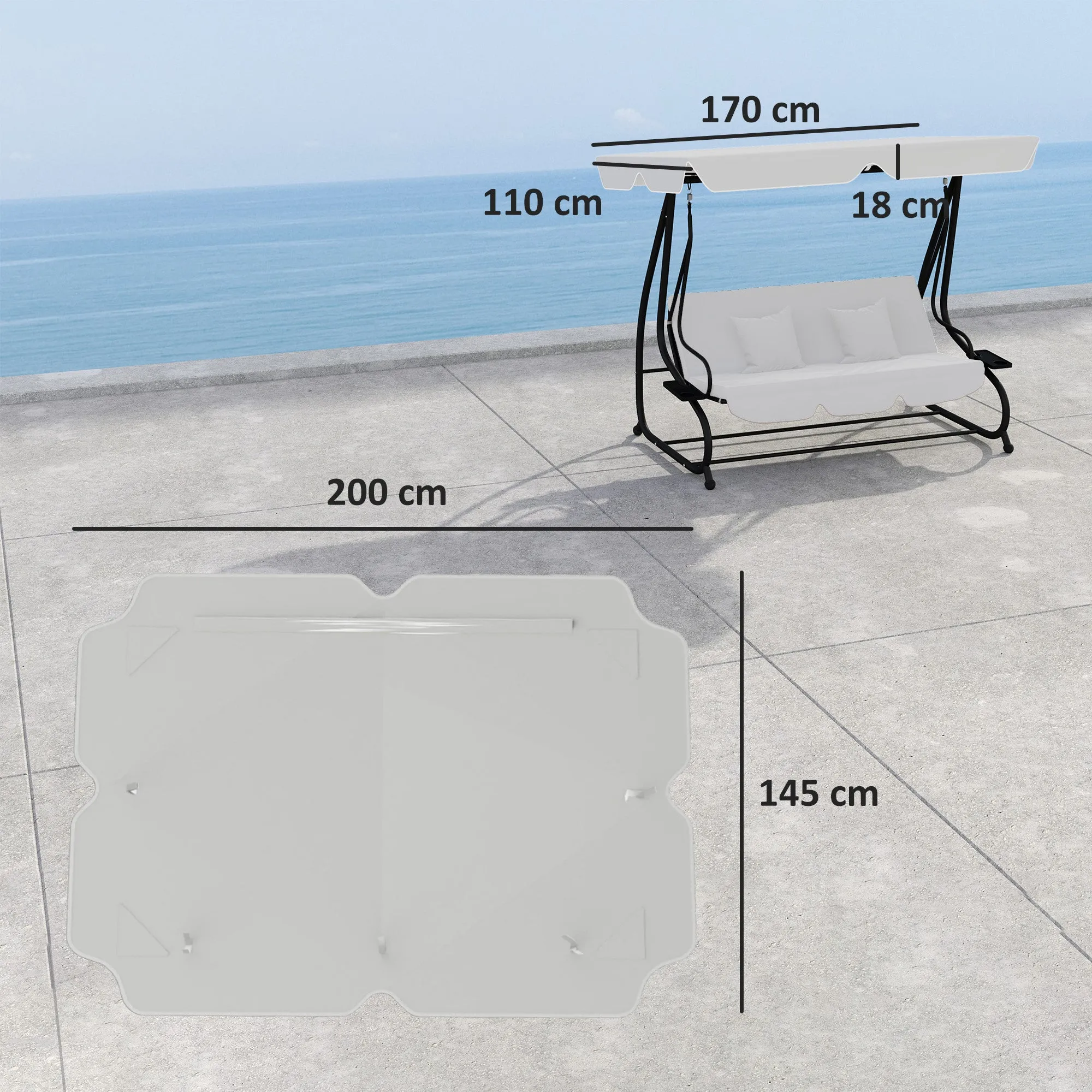 Garden Swing Canopy Replacement 3 Seater, Waterproof Garden Swing Seat Canopy Cover, Windproof Anti-UV Sun Shade (Canopy Only) for Patio, Balcony, Dark Grey