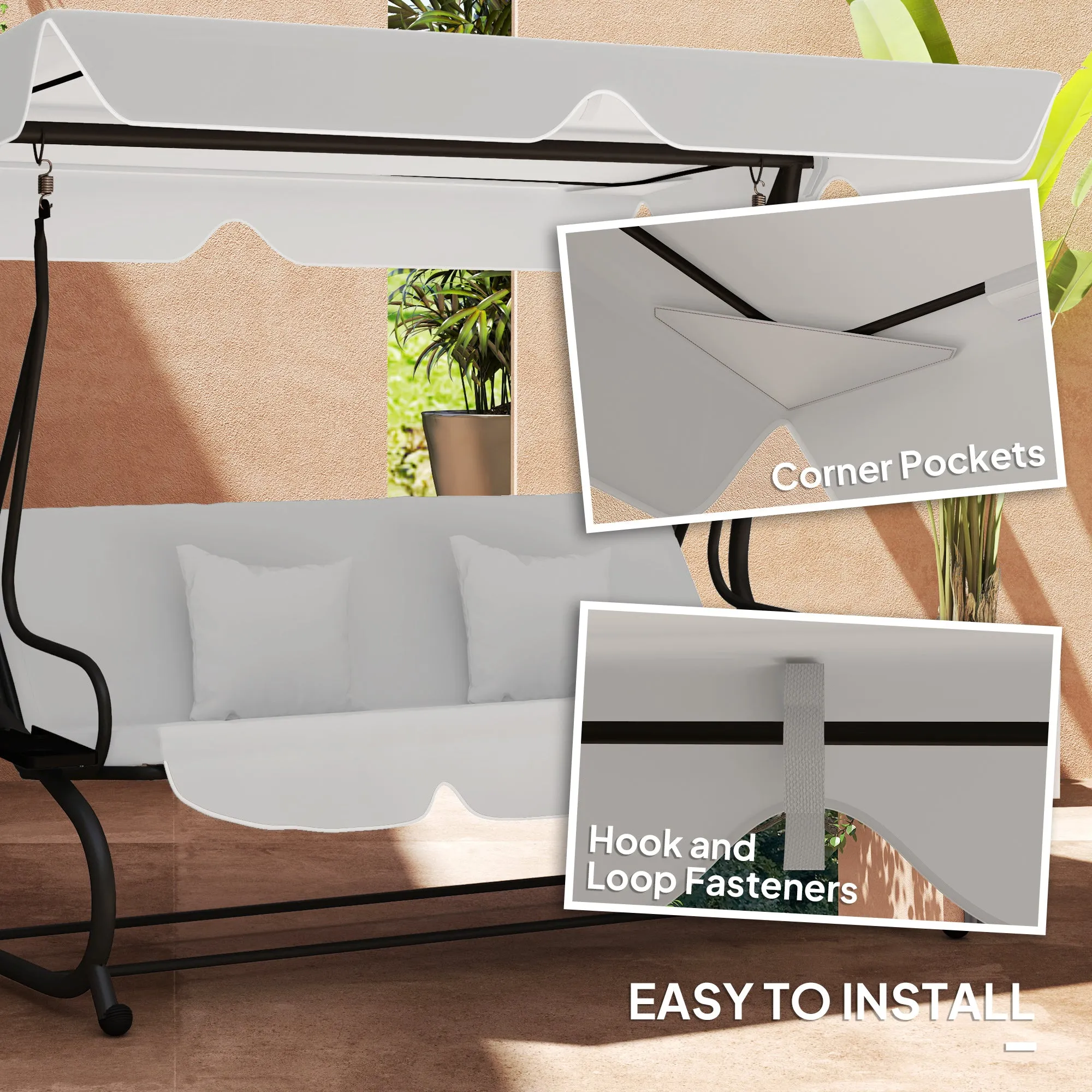 Garden Swing Canopy Replacement 3 Seater, Waterproof Garden Swing Seat Canopy Cover, Windproof Anti-UV Sun Shade (Canopy Only) for Patio, Balcony, Light Grey