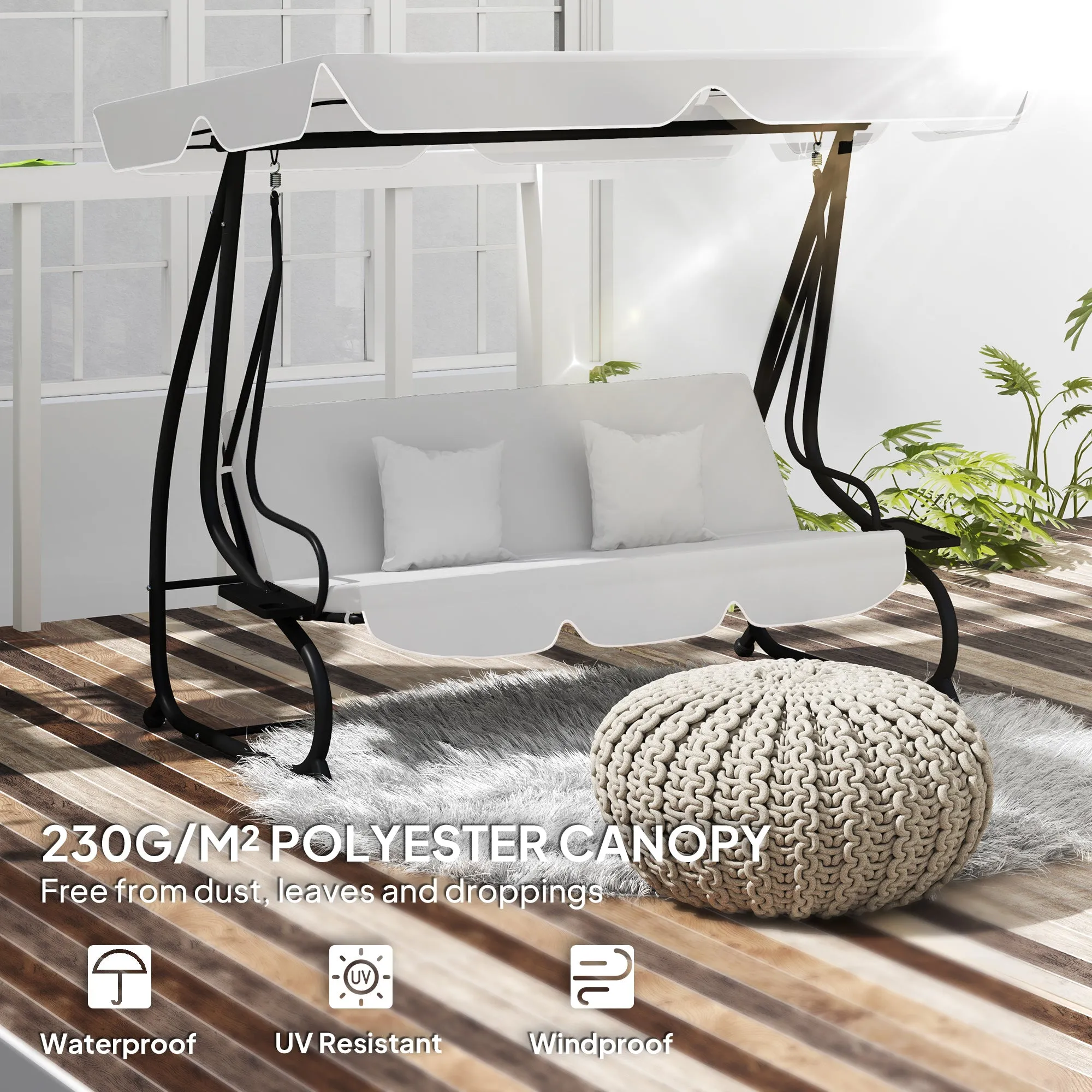 Garden Swing Canopy Replacement 3 Seater, Waterproof Garden Swing Seat Canopy Cover, Windproof Anti-UV Sun Shade (Canopy Only) for Patio, Balcony, Light Grey