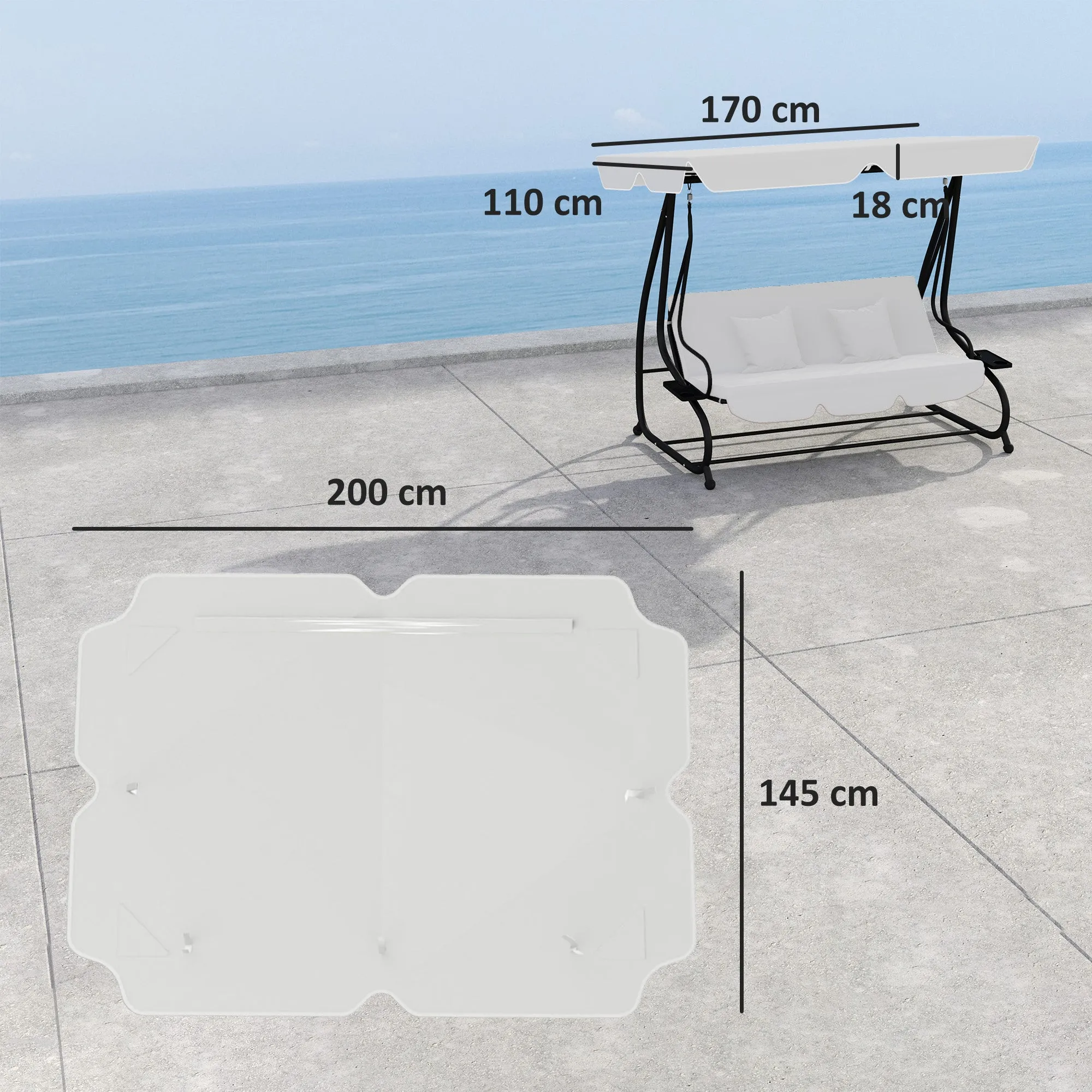 Garden Swing Canopy Replacement 3 Seater, Waterproof Garden Swing Seat Canopy Cover, Windproof Anti-UV Sun Shade (Canopy Only) for Patio, Balcony, Light Grey