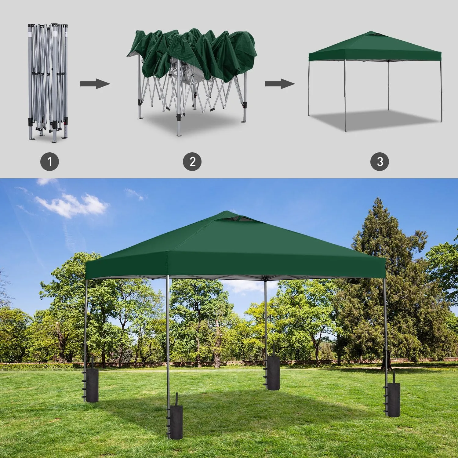 GDY 10x10 Pop Up Canopy Tent with Vents, 3 Adjustable Height, Outdoor Canopy with 4 Sandbag,Patio Sun Shade for Events, Parties, Camping, (Green).