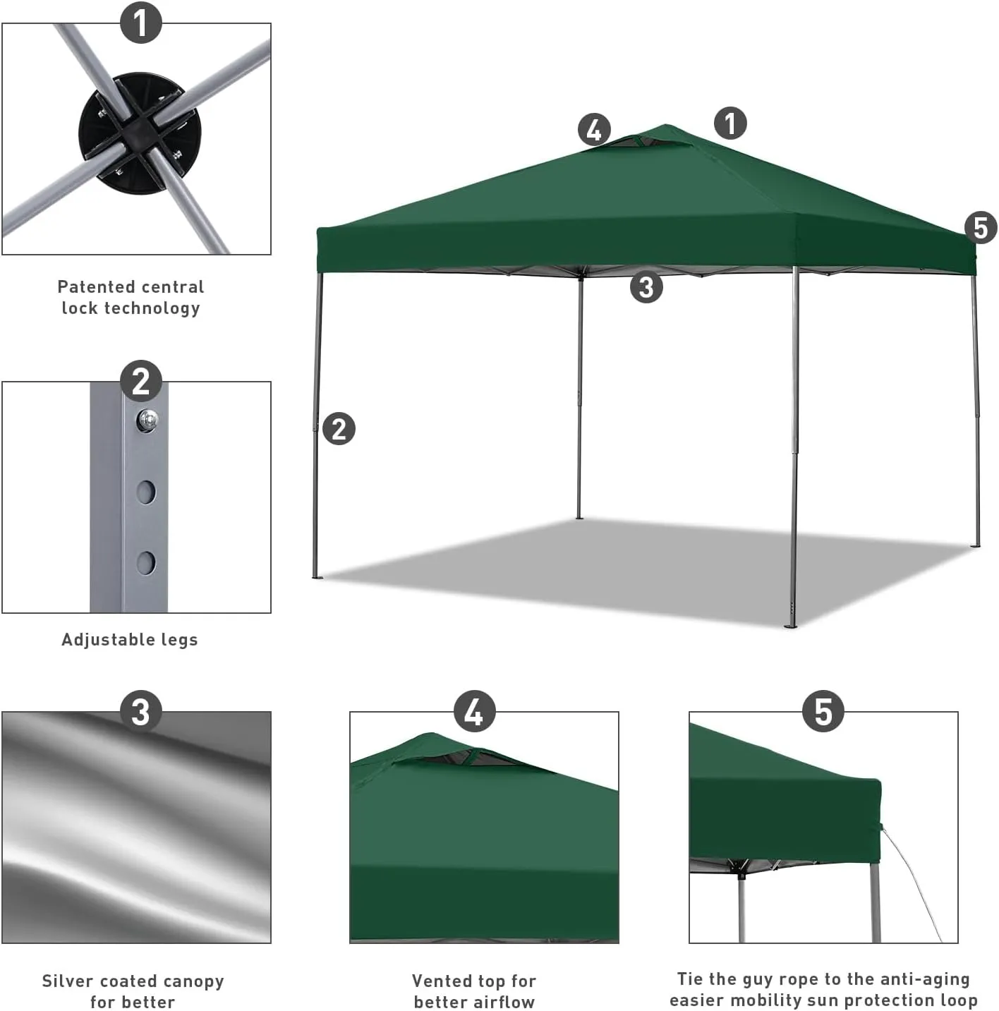 GDY 10x10 Pop Up Canopy Tent with Vents, 3 Adjustable Height, Outdoor Canopy with 4 Sandbag,Patio Sun Shade for Events, Parties, Camping, (Green).