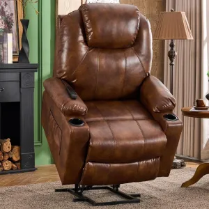 Genuine Leather Reclining Sofa Chair Overstuffed Armrest Padded Cushion for Living Room Bedroom Home Use with Electric Lift Massage Adjustable for Elderly