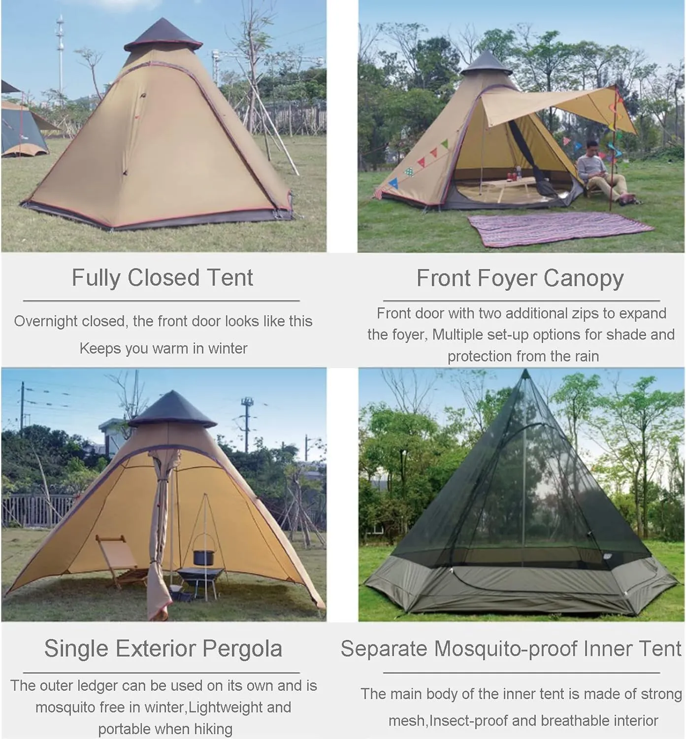 GeRRiT Tents for Camping 4 Person, Waterproof Pyramid Teepee Tent Adult Tent Waterproof Double Layers Indian Tent Yurt Tent Tower Post Bell Tent for Outdoor Family Trip Hello, 3, Black