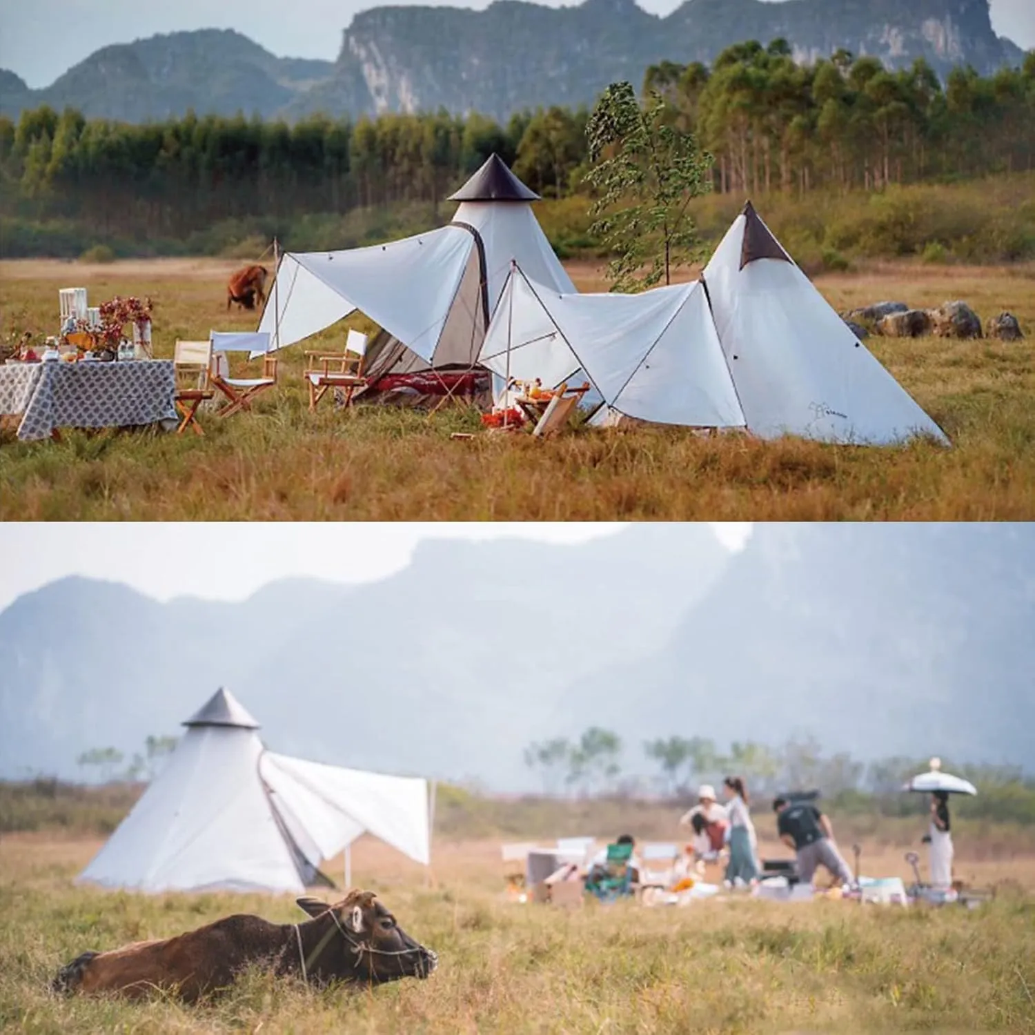 GeRRiT Tents for Camping 4 Person, Waterproof Pyramid Teepee Tent Adult Tent Waterproof Double Layers Indian Tent Yurt Tent Tower Post Bell Tent for Outdoor Family Trip Hello, 3, Black