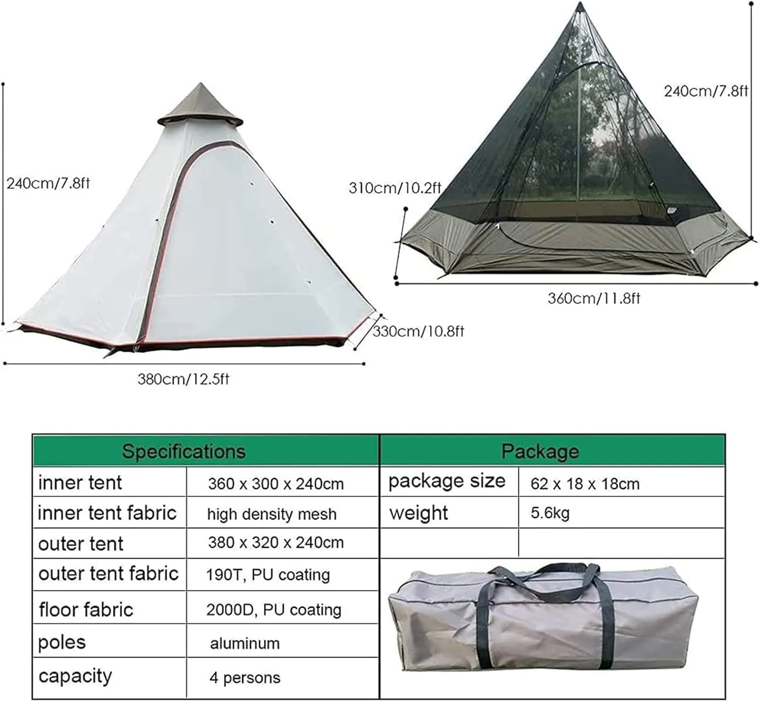 GeRRiT Tents for Camping 4 Person, Waterproof Pyramid Teepee Tent Adult Tent Waterproof Double Layers Indian Tent Yurt Tent Tower Post Bell Tent for Outdoor Family Trip Hello, 3, Black