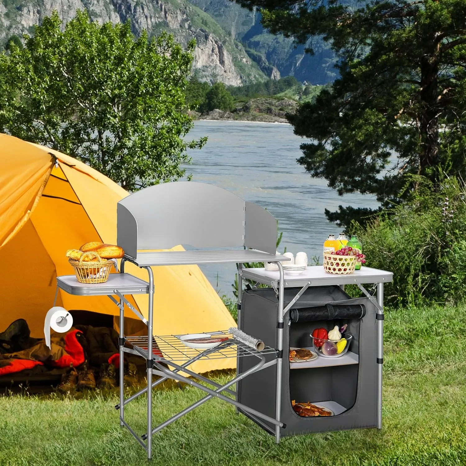 Giantex Folding Grill Table with 26'' Tabletop and Detachable Windscreen, Aluminum Portable Camp Cook Station Carry Bag Quick Set-up, BBQ Camping Picnic Backyard Outdoor Camping Kitchen Table (Grey)