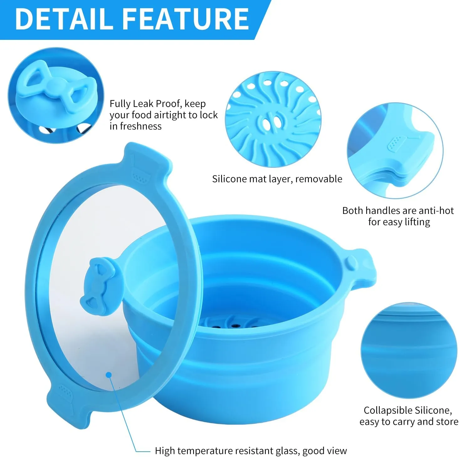 GLOU-GLOU GOOSE GGG Collapsible Silicone Microwave Cookware Cooker Steamer for Cooking with Lids, 0.8L and 1.4L Glass Food Storage Container Sealed Bowl Mixing Bowls 3pc Set BPA Free