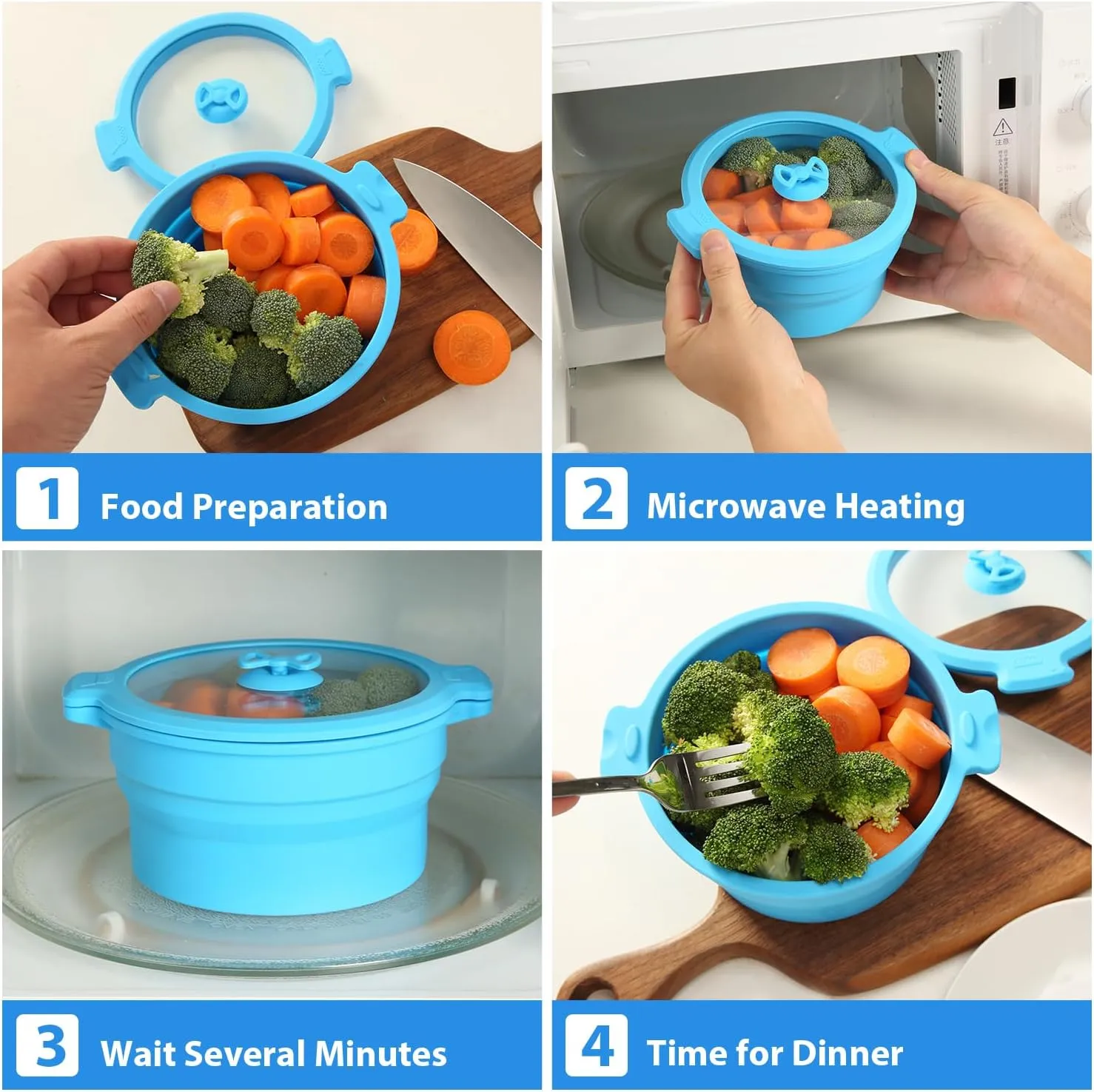 GLOU-GLOU GOOSE GGG Collapsible Silicone Microwave Cookware Cooker Steamer for Cooking with Lids, 0.8L and 1.4L Glass Food Storage Container Sealed Bowl Mixing Bowls 3pc Set BPA Free