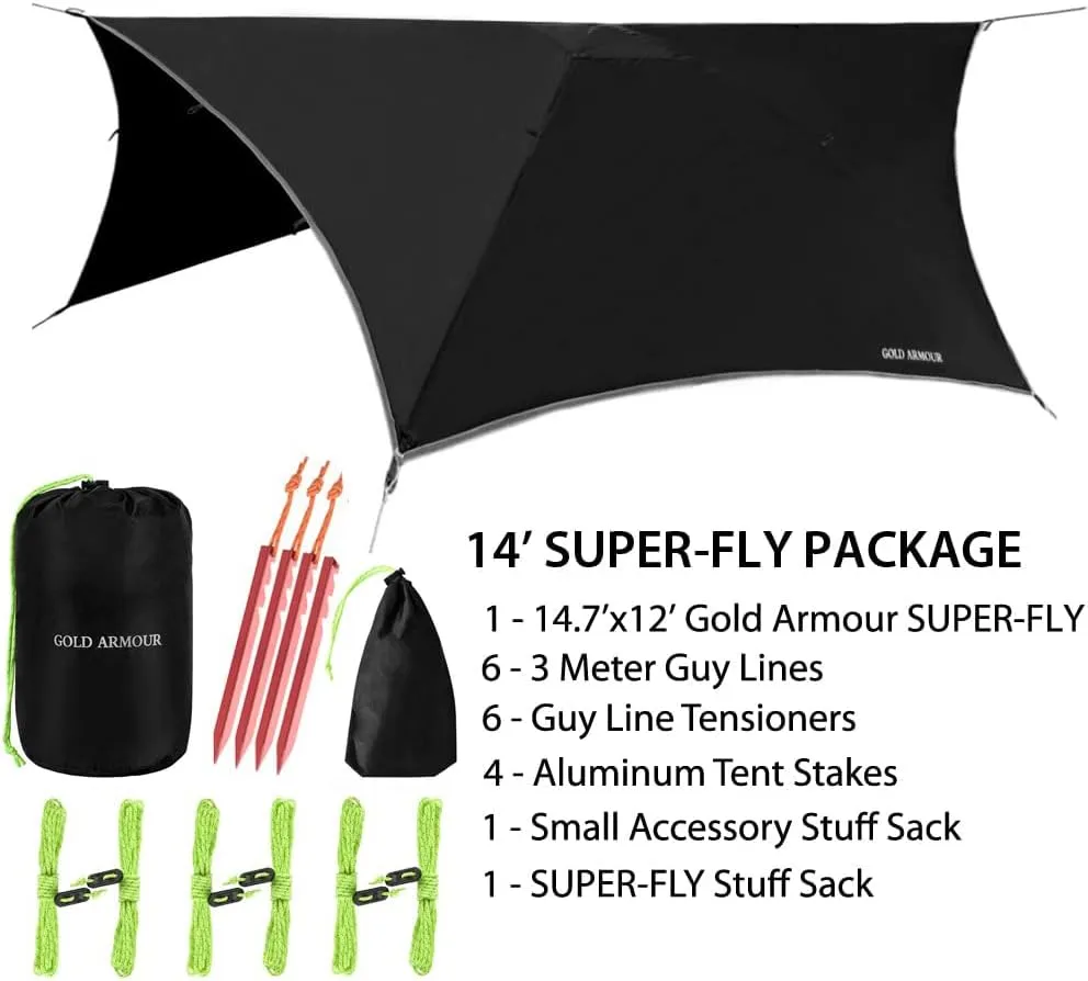Gold Armour Rainfly Tarp for Hammock and Tent, Waterproof Lightweight Camping Accessories, Survival Gear, Black