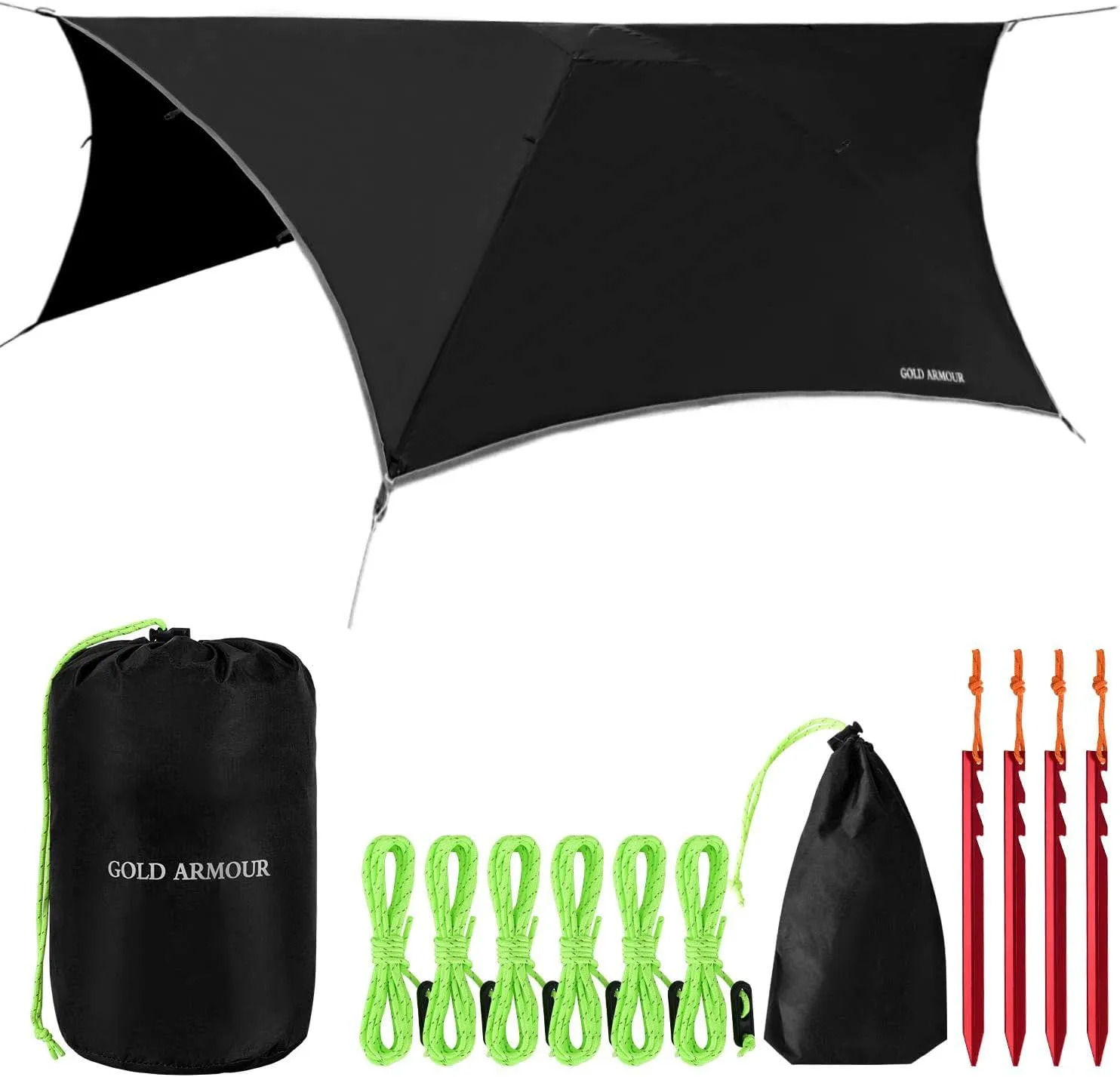 Gold Armour Rainfly Tarp for Hammock and Tent, Waterproof Lightweight Camping Accessories, Survival Gear, Black