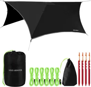 Gold Armour Rainfly Tarp for Hammock and Tent, Waterproof Lightweight Camping Accessories, Survival Gear, Black