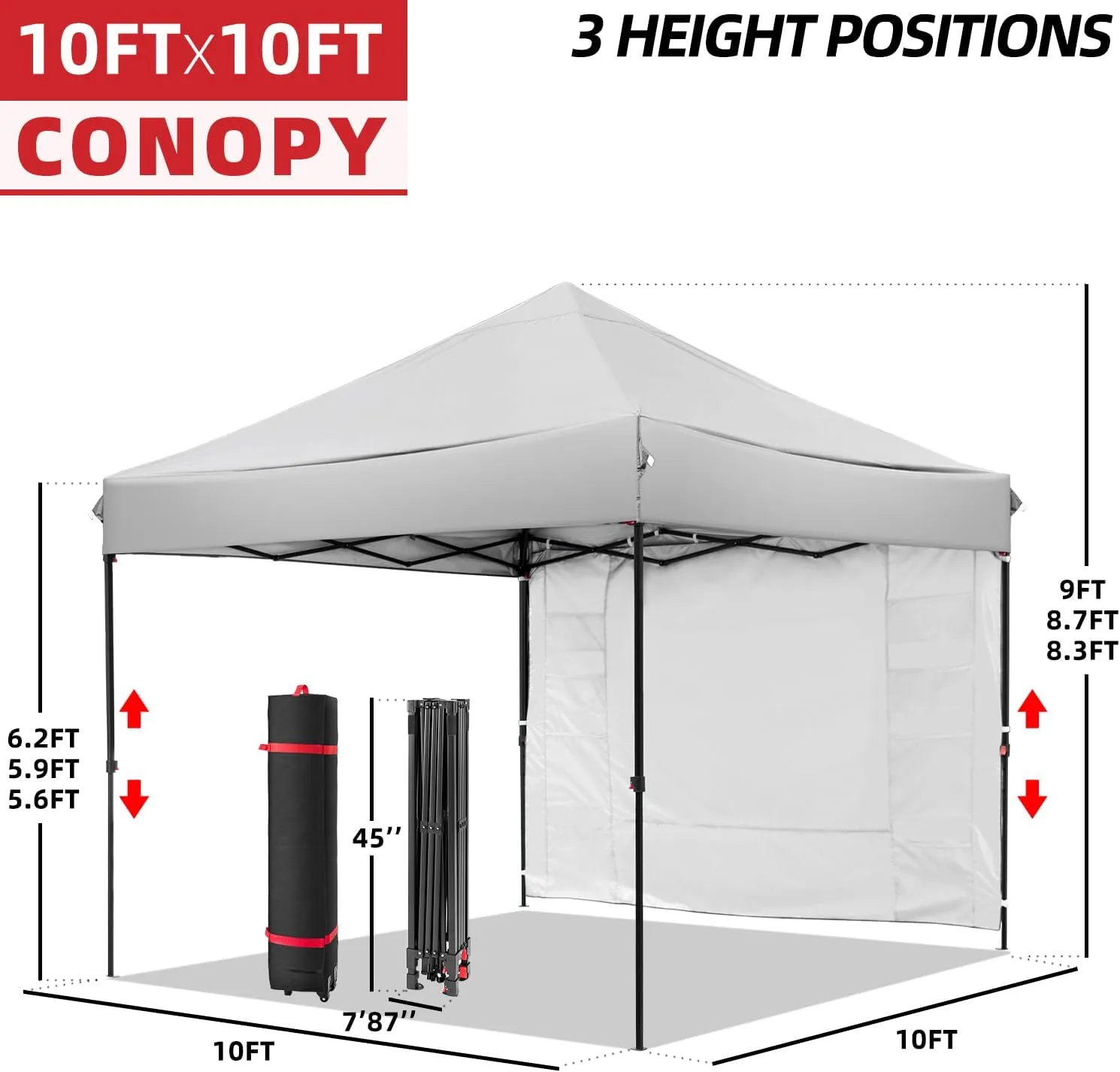 Gray 10x10 FT Pop Up Canopy Tent with 1 Sidewall, Heavy Duty Canopy for Outdoor, Commercial Instant Gazebos, for Party, Patio, by Kendane.