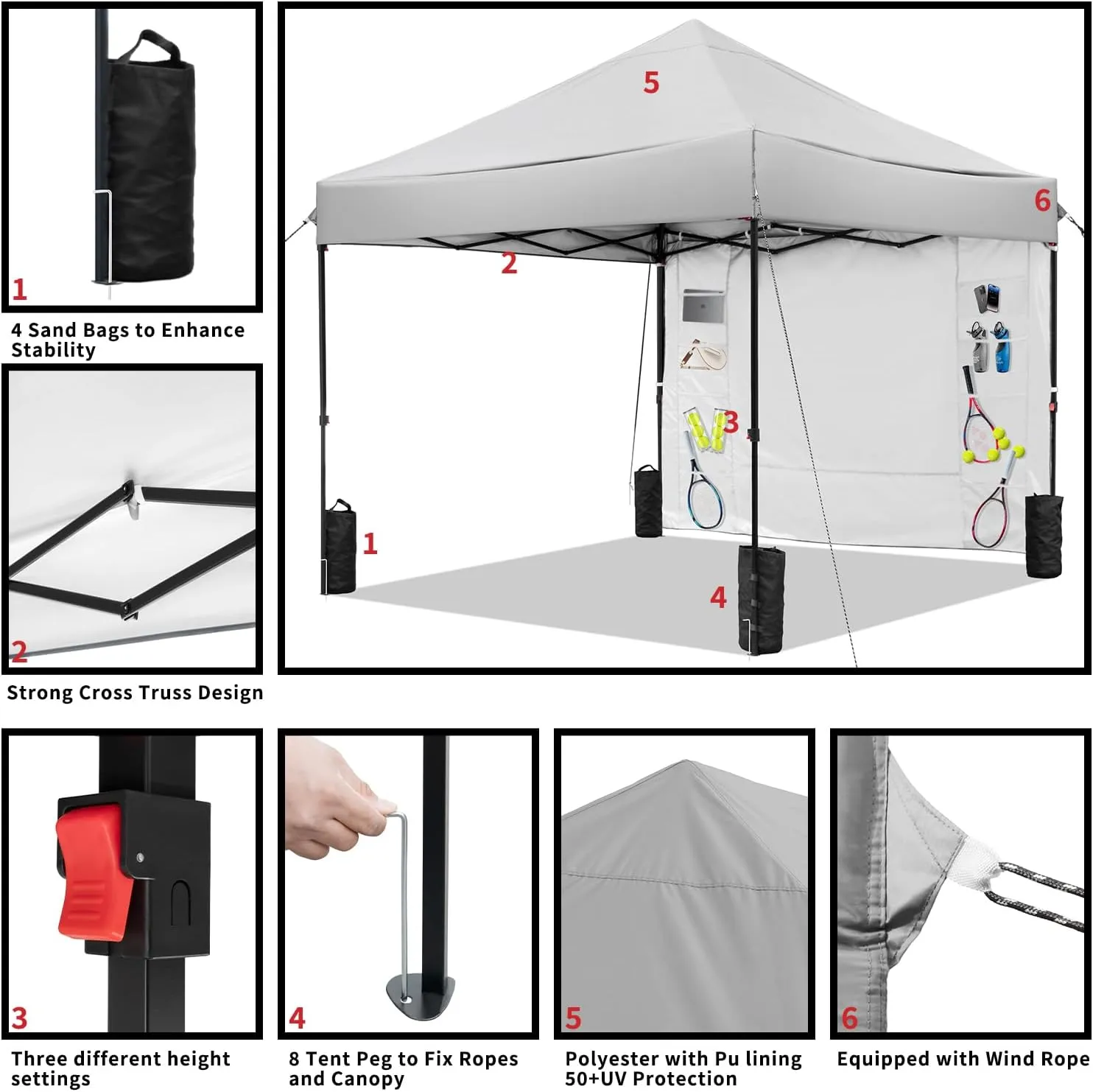 Gray 10x10 FT Pop Up Canopy Tent with 1 Sidewall, Heavy Duty Canopy for Outdoor, Commercial Instant Gazebos, for Party, Patio, by Kendane.