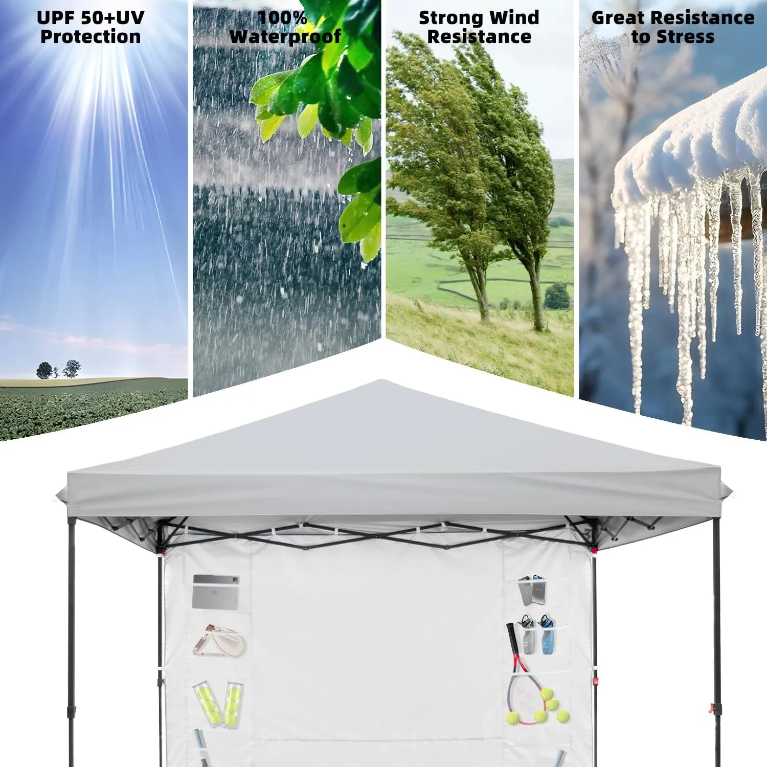 Gray 10x10 FT Pop Up Canopy Tent with 1 Sidewall, Heavy Duty Canopy for Outdoor, Commercial Instant Gazebos, for Party, Patio, by Kendane.