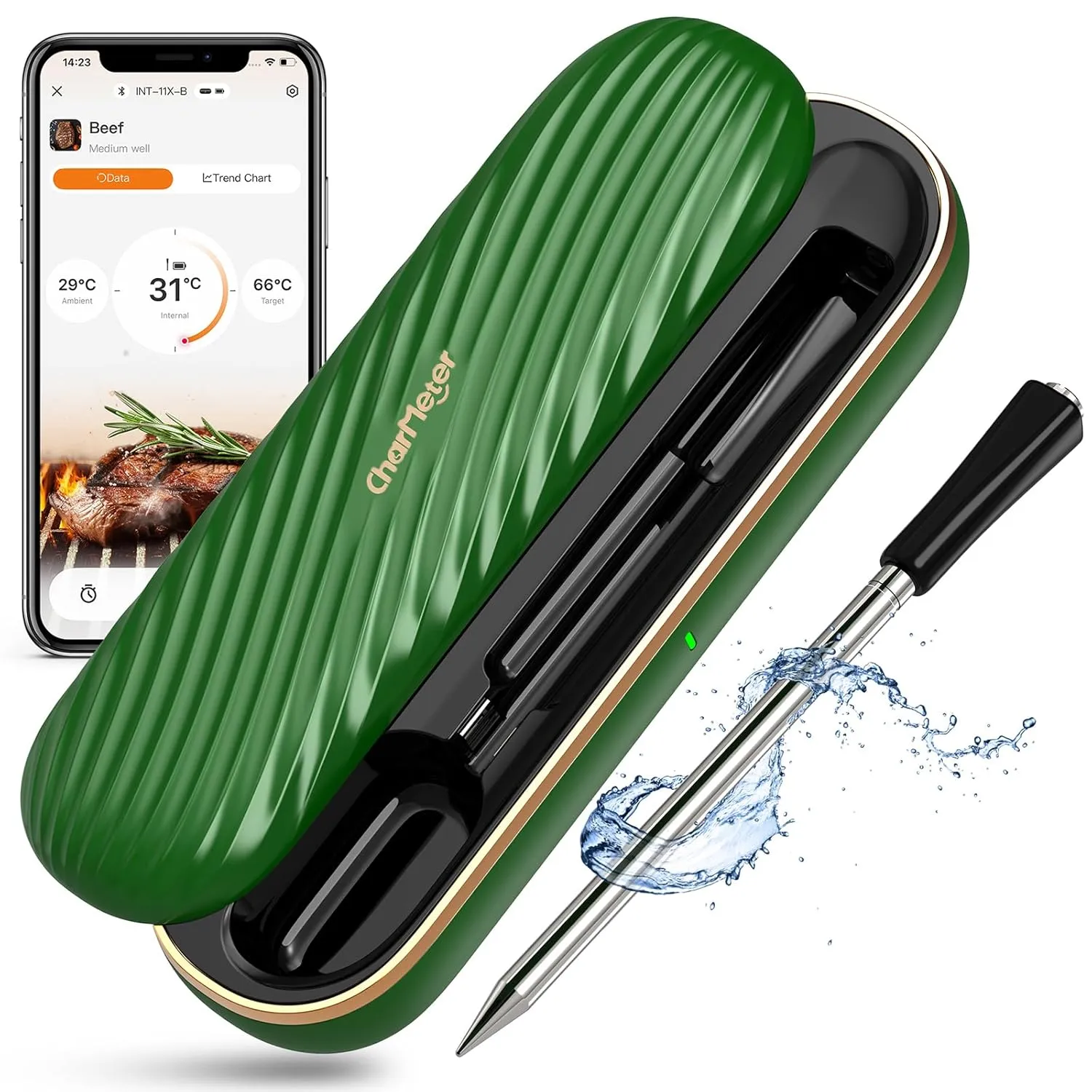 Green Wireless Meat Thermometer, 500FT Remote Bluetooth Grill Thermometer with an Stylish Wave-shaped Sliding Base, Portable Cooking IP67 Waterproof, Perfect Smoker Accessories Gift for Kitchen Lovers