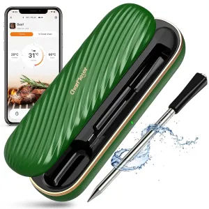 Green Wireless Meat Thermometer, 500FT Remote Bluetooth Grill Thermometer with an Stylish Wave-shaped Sliding Base, Portable Cooking IP67 Waterproof, Perfect Smoker Accessories Gift for Kitchen Lovers