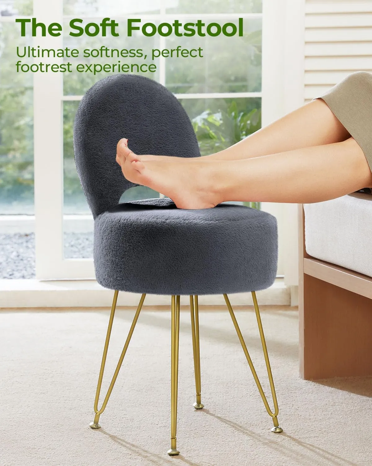 GREENSTELL Small Vanity Stool Chair with Storage and Folding Back, 13" x 13" x 17.7" Faux Fur Soft Ottoman for Teenager, 4 Metal Legs with Anti-Slip Feet, Furry Padded Seat for Makeup, Bedroom, Grey
